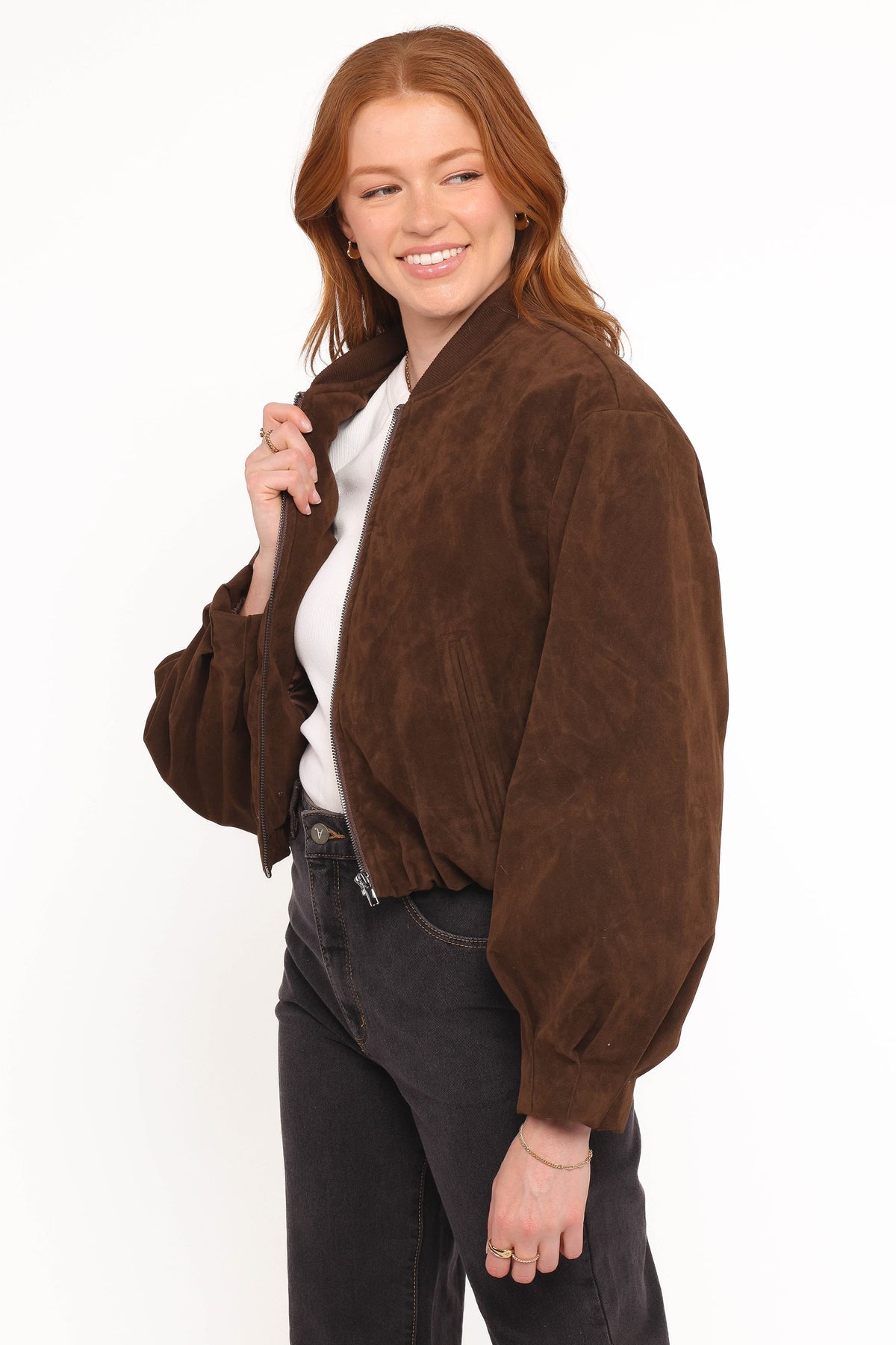 Goldie Faux Suede Bomber Jacket in Brown – view 3 of 6