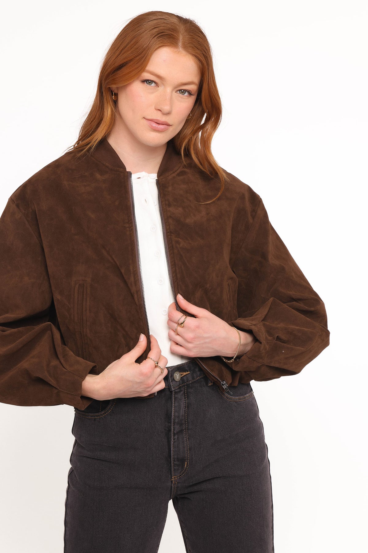 Goldie Faux Suede Bomber Jacket in Brown – view 1 of 6