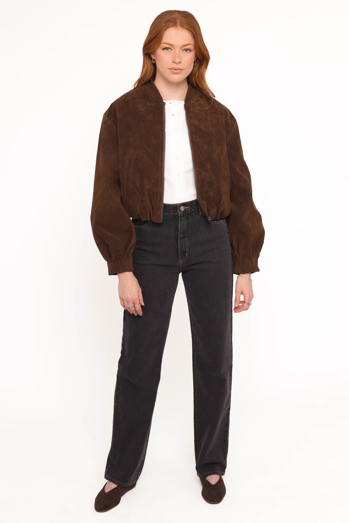 Goldie Faux Suede Bomber Jacket in Brown – view 5 of 6