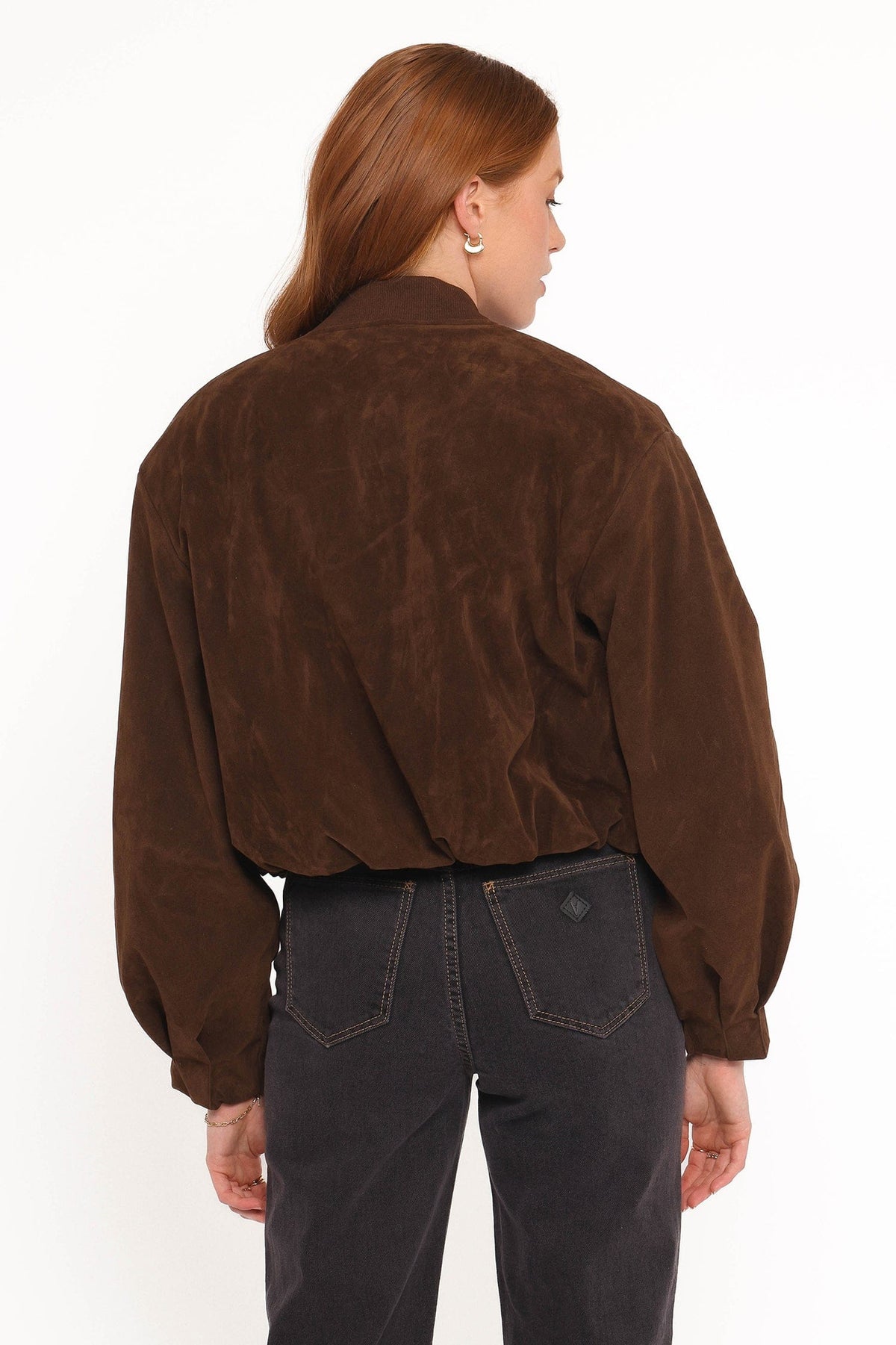 Goldie Faux Suede Bomber Jacket in Brown – view 4 of 6