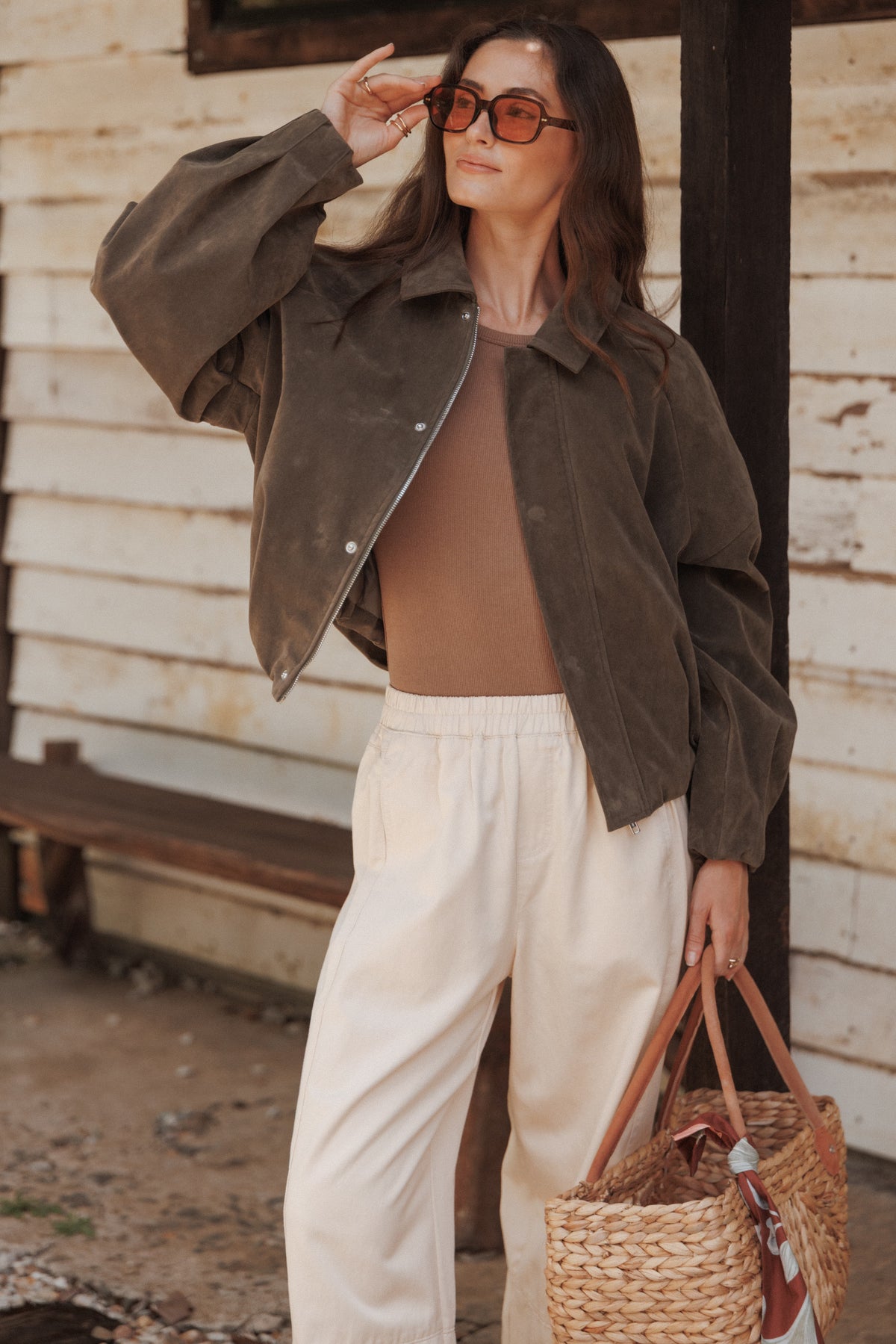 Jensen Faux Suede Bomber Jacket in Olive – view 9 of 9