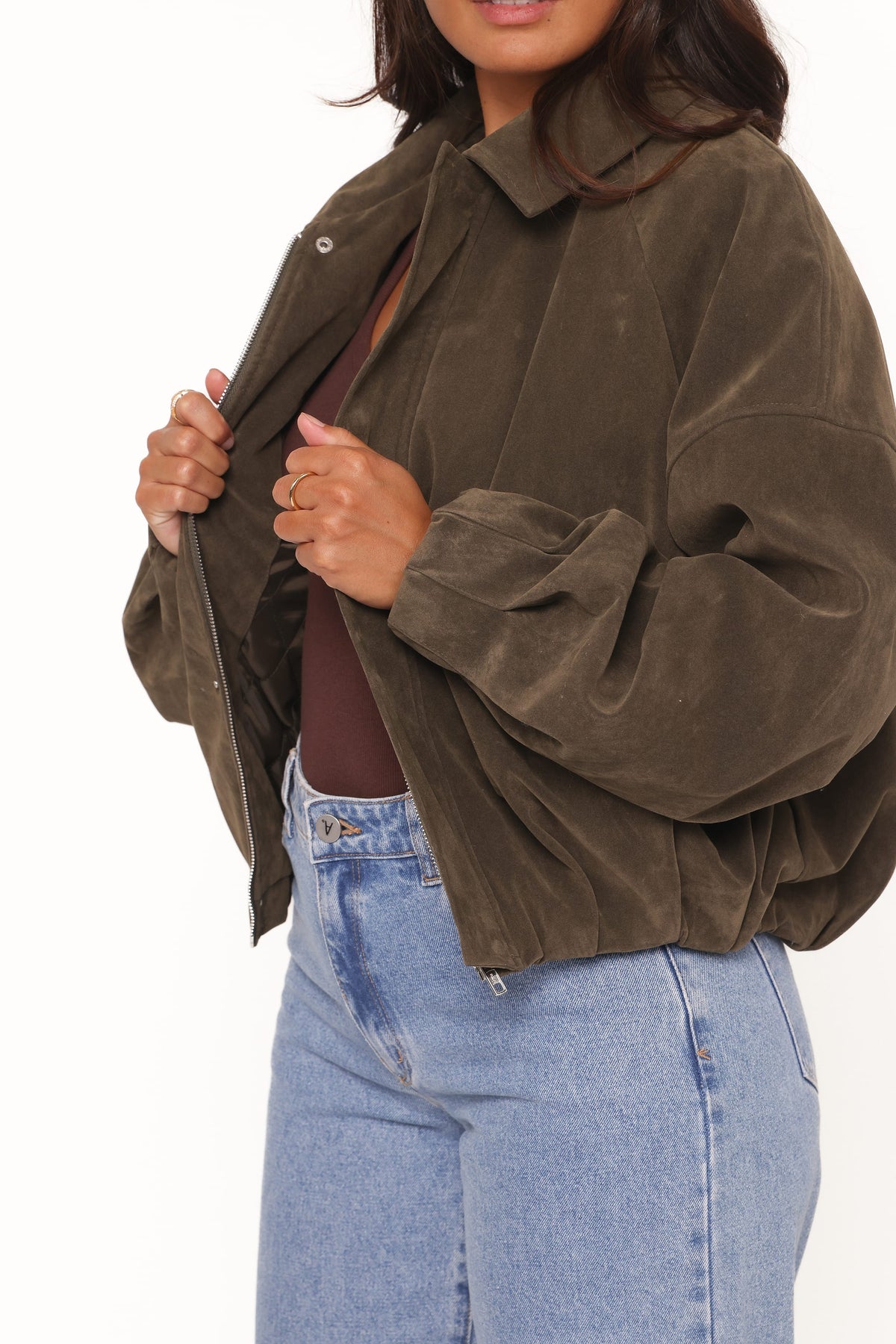 Jensen Faux Suede Bomber Jacket in Olive – view 4 of 9