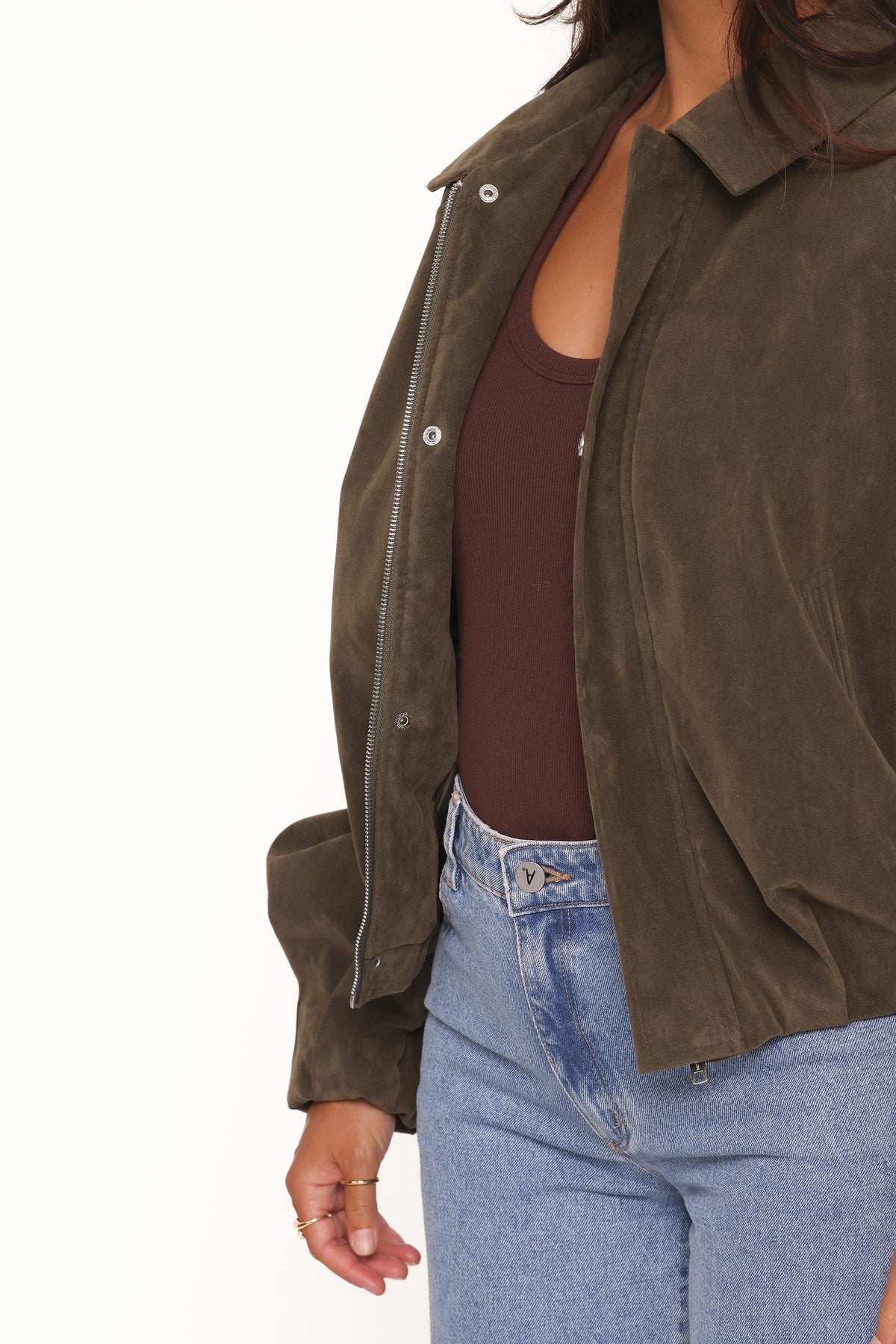 Jensen Faux Suede Bomber Jacket in Olive – view 7 of 9