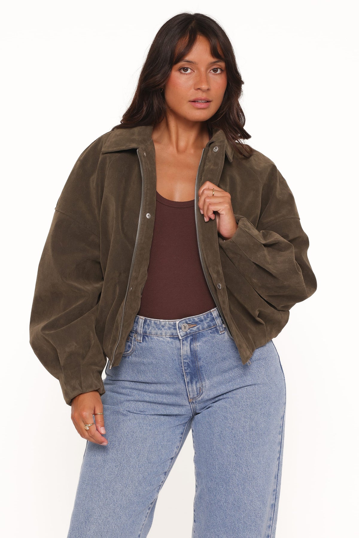 Jensen Faux Suede Bomber Jacket in Olive – view 2 of 9