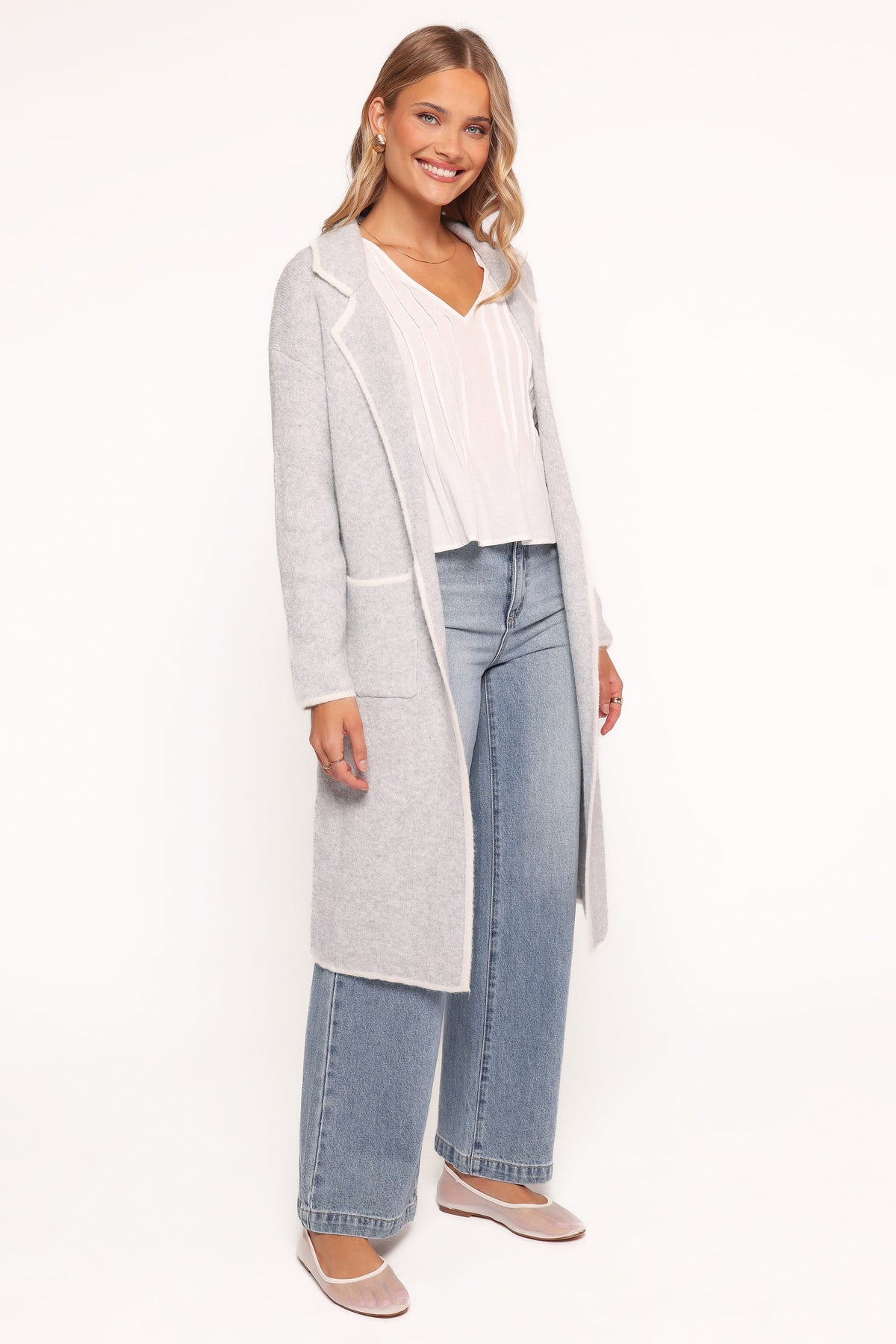 Katia Contrast Trim Coatigan in Light Grey – view 3 of 6