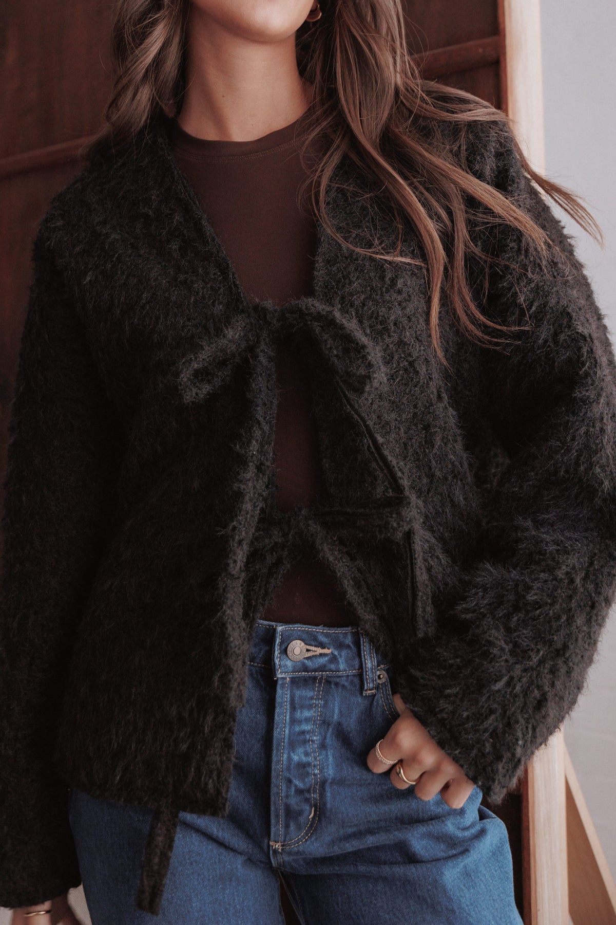 Kimmy Bow Oversized Cardigan in Black – view 1 of 7