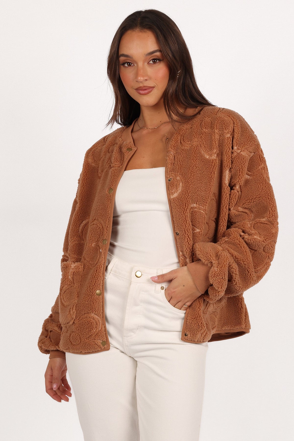 Lasky Flower Pattern Button Down Jacket in Camel – view 1 of 7