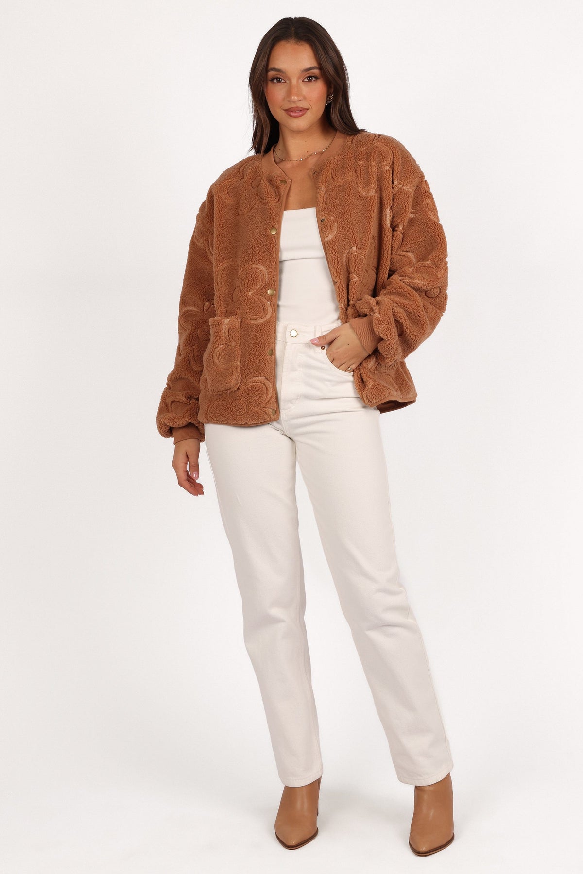 Lasky Flower Pattern Button Down Jacket in Camel – view 2 of 7