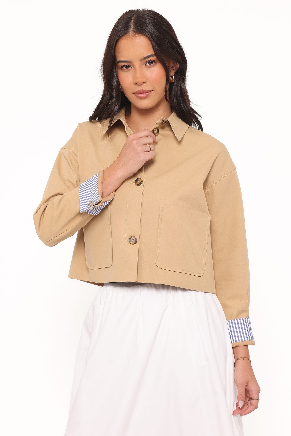 Mattie Cropped Trucker Jacket in Taupe – view 2 of 9