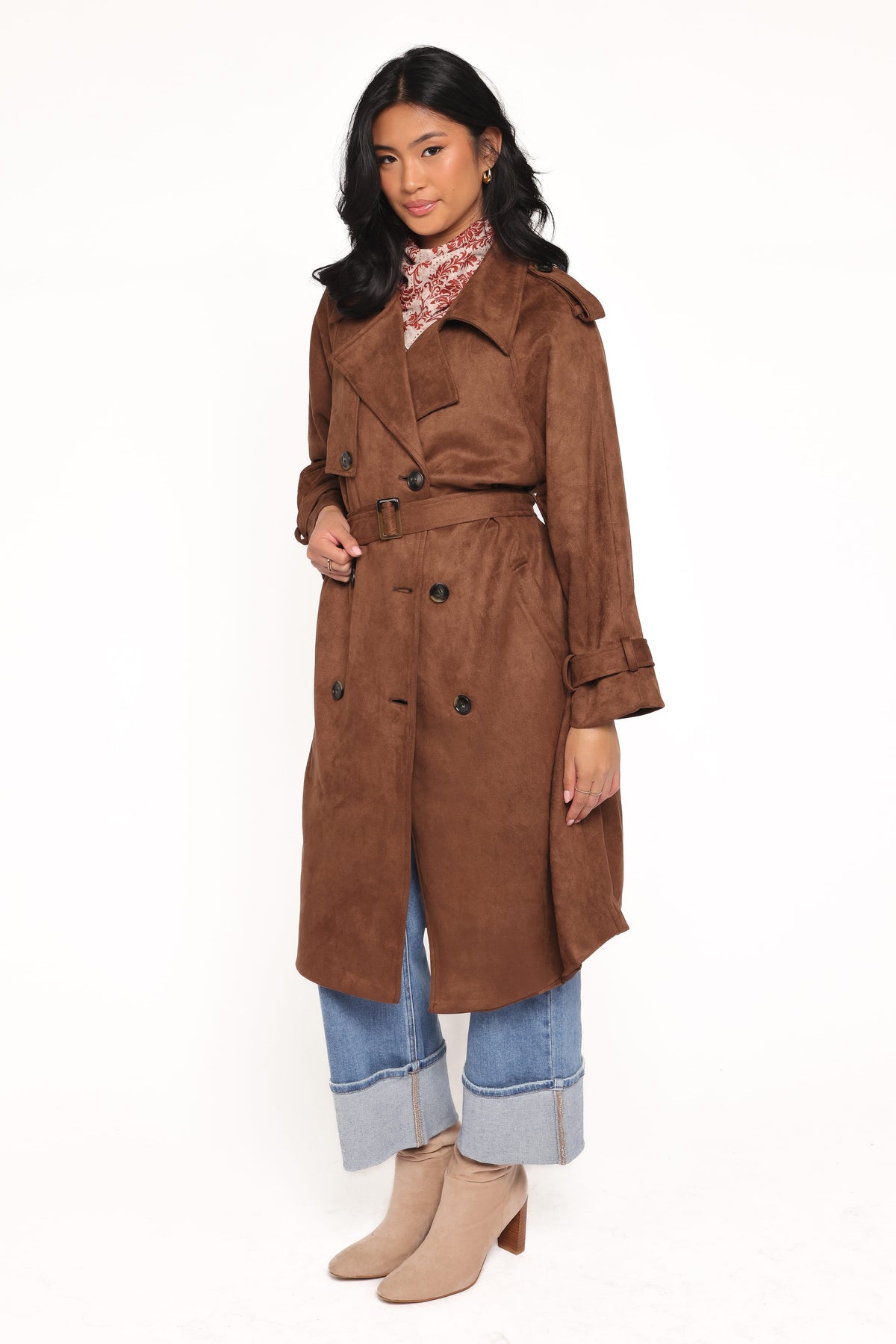 Micha Faux Suede Trench Coat in Brown – view 4 of 7