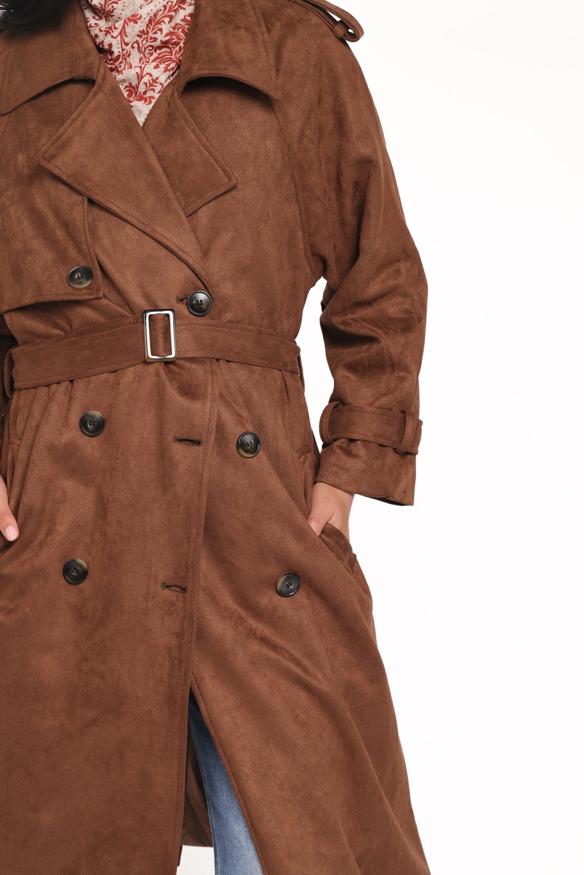 Micha Faux Suede Trench Coat in Brown – view 3 of 7