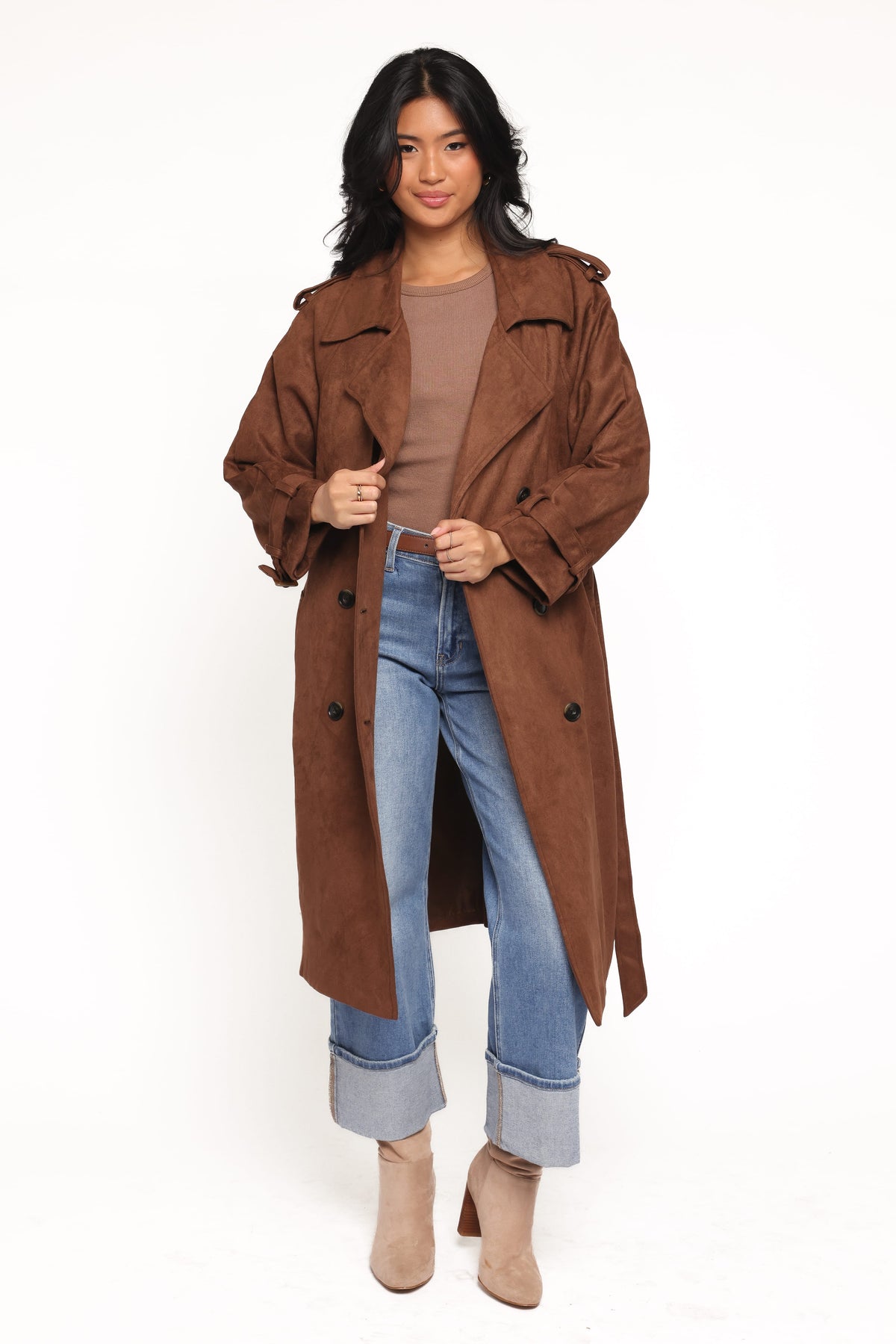 Micha Faux Suede Trench Coat in Brown – view 2 of 7