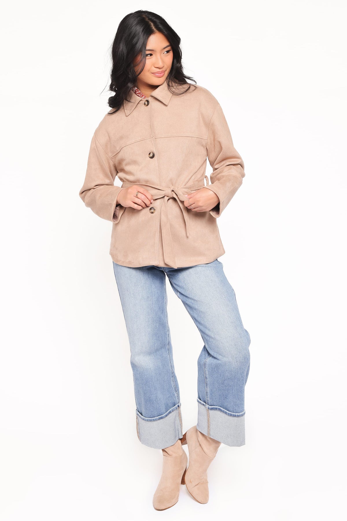 Nelly Faux Suede Cropped Trench Coat in Mushroom – view 6 of 8