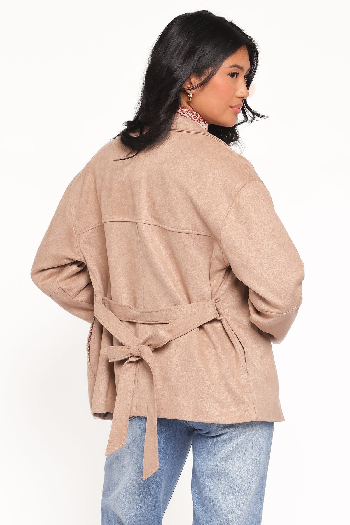 Nelly Faux Suede Cropped Trench Coat in Mushroom – view 4 of 8