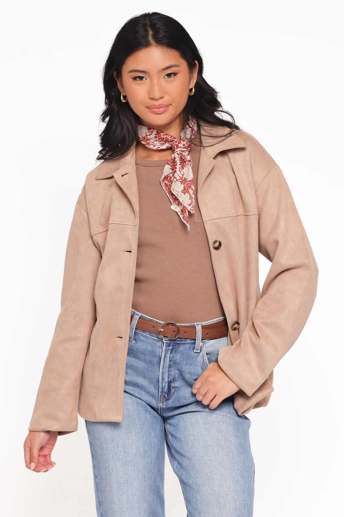 Nelly Faux Suede Cropped Trench Coat in Mushroom – view 7 of 8