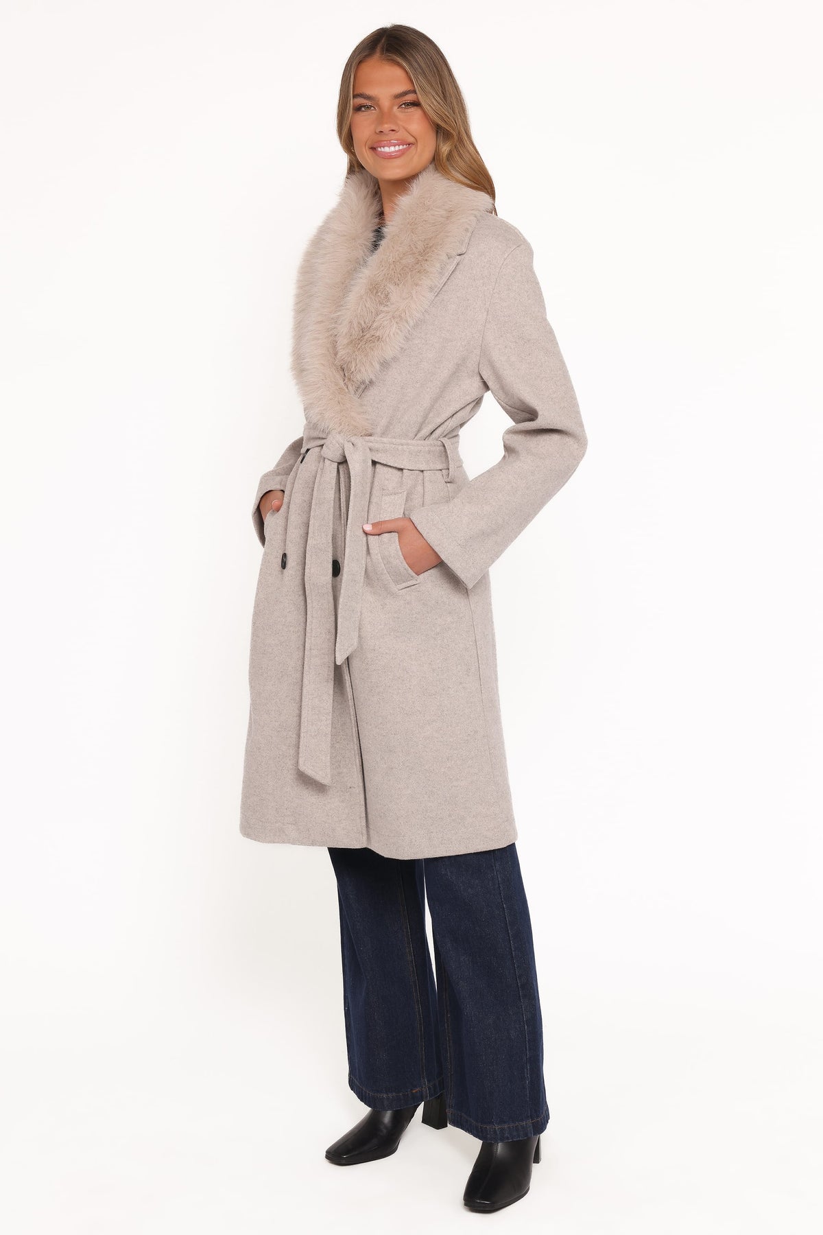 Nina Fur Collar Tie Waist Coat in Cream – view 4 of 9