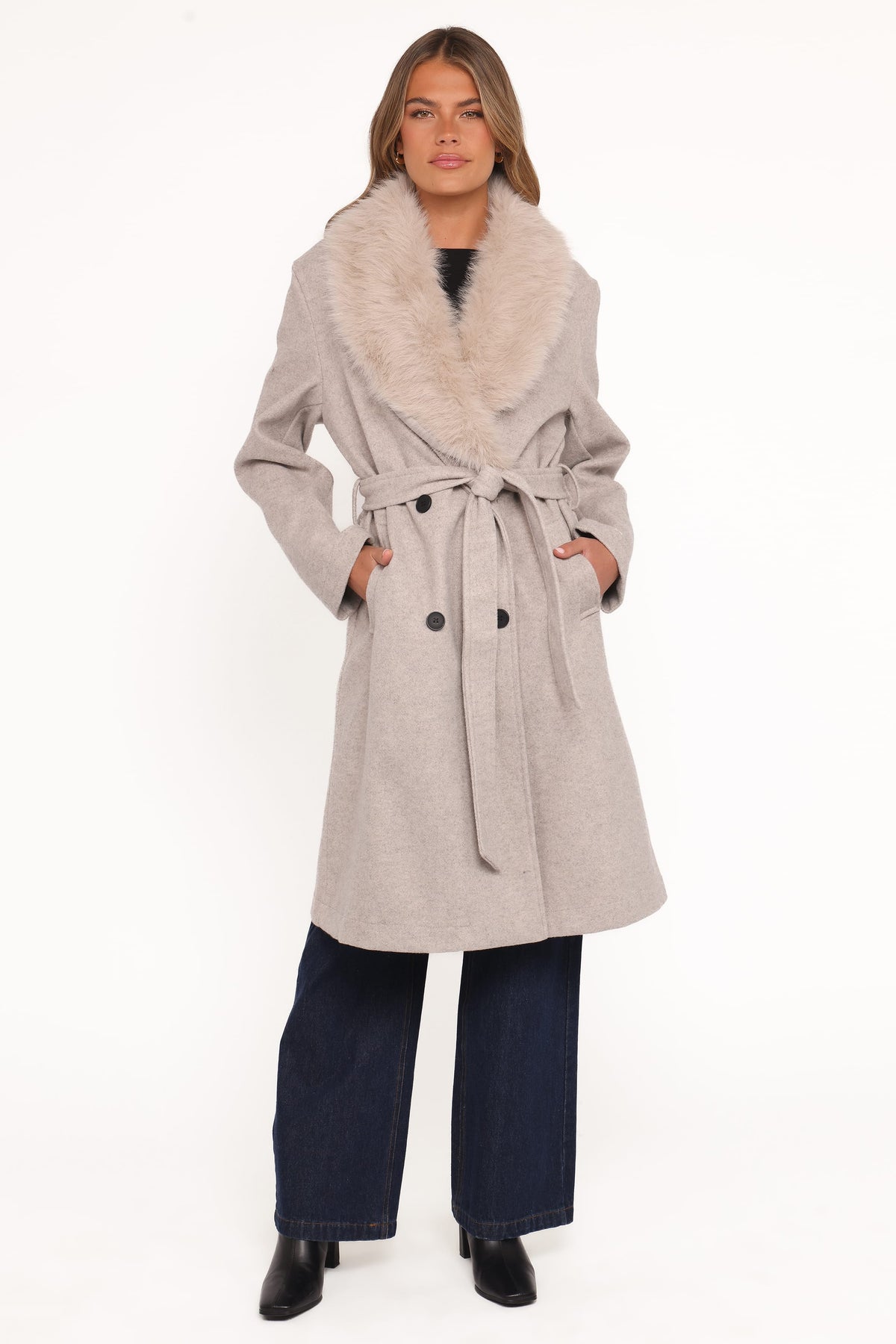 Nina Fur Collar Tie Waist Coat in Cream – view 6 of 9
