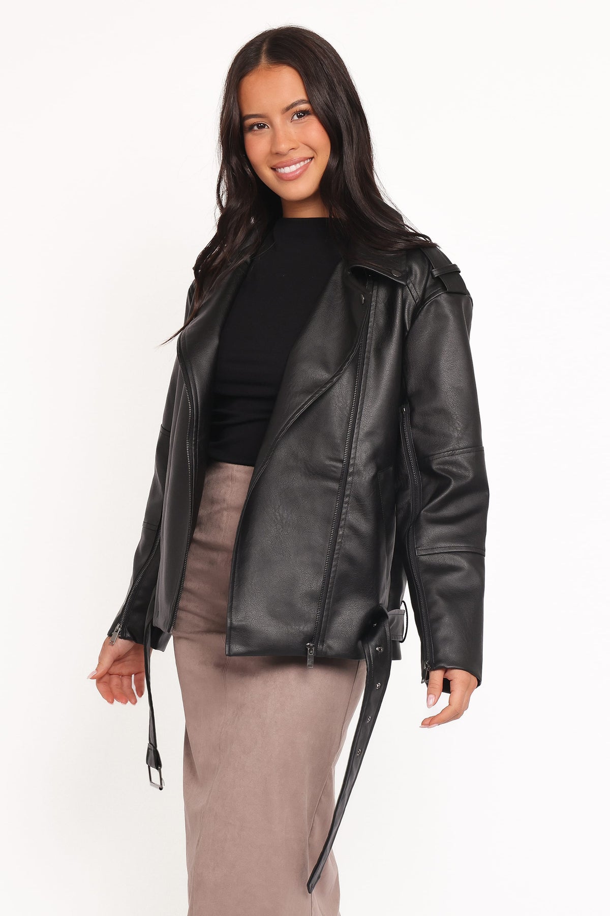Parsons Oversized Faux Leather Moto Jacket in Black – view 3 of 8