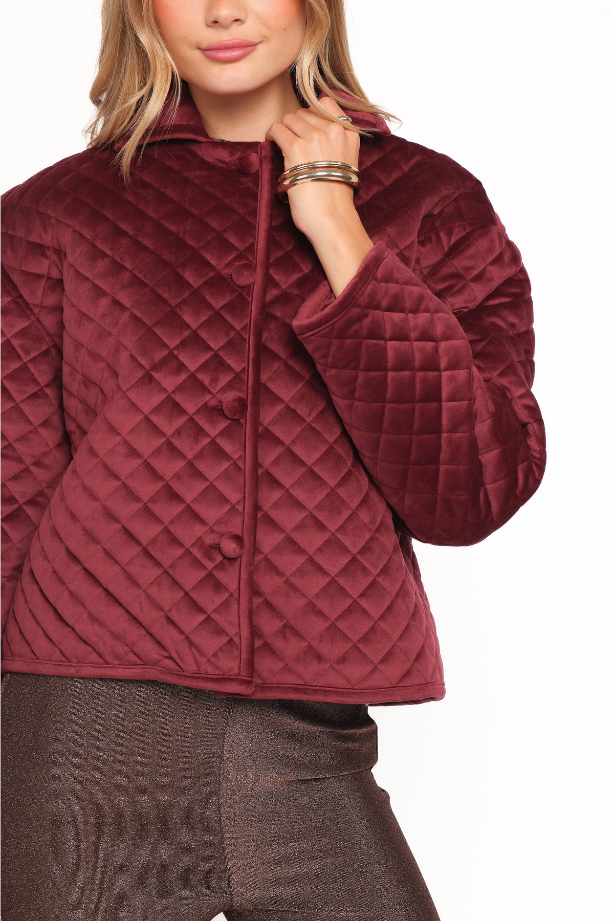 Roxanna Quilted Velvet Jacket in Wine – view 2 of 6