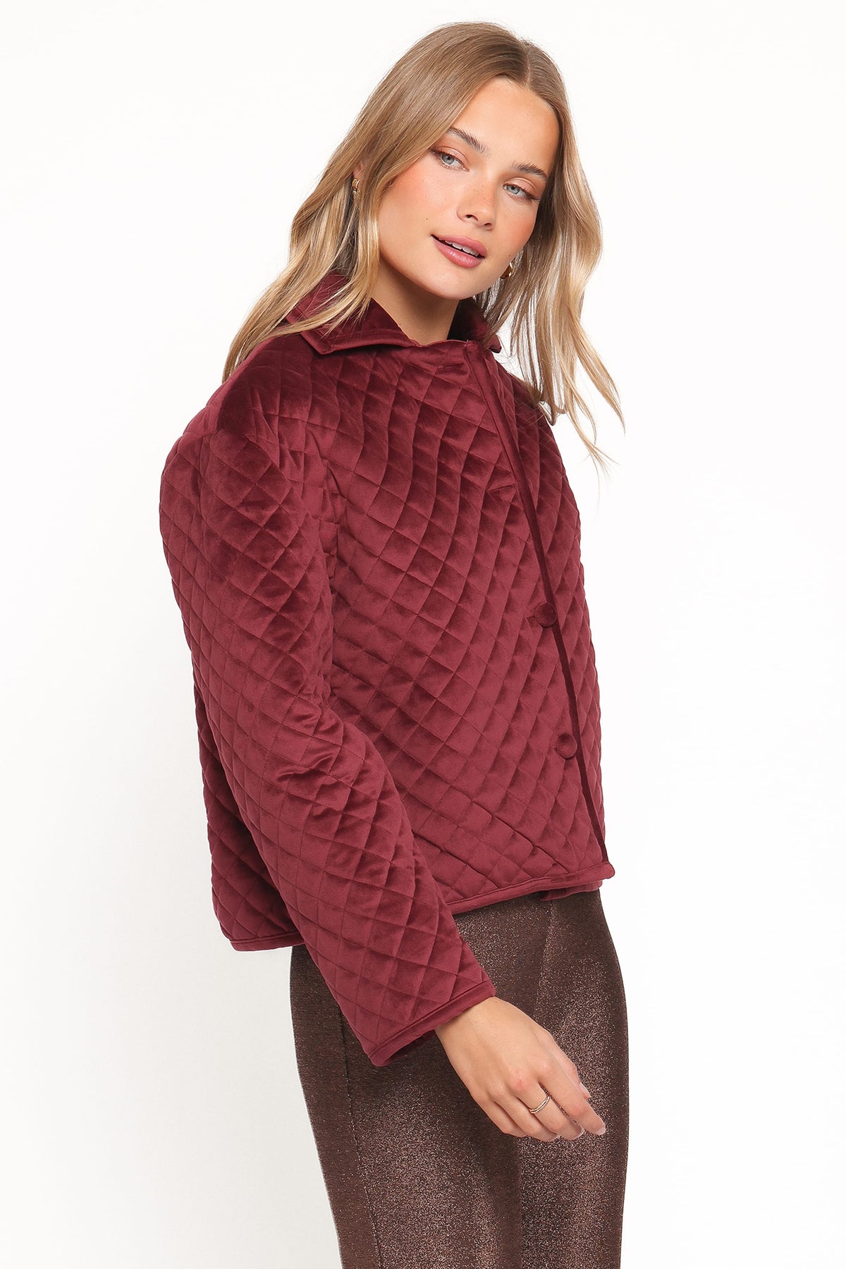 Roxanna Quilted Velvet Jacket in Wine – view 3 of 6
