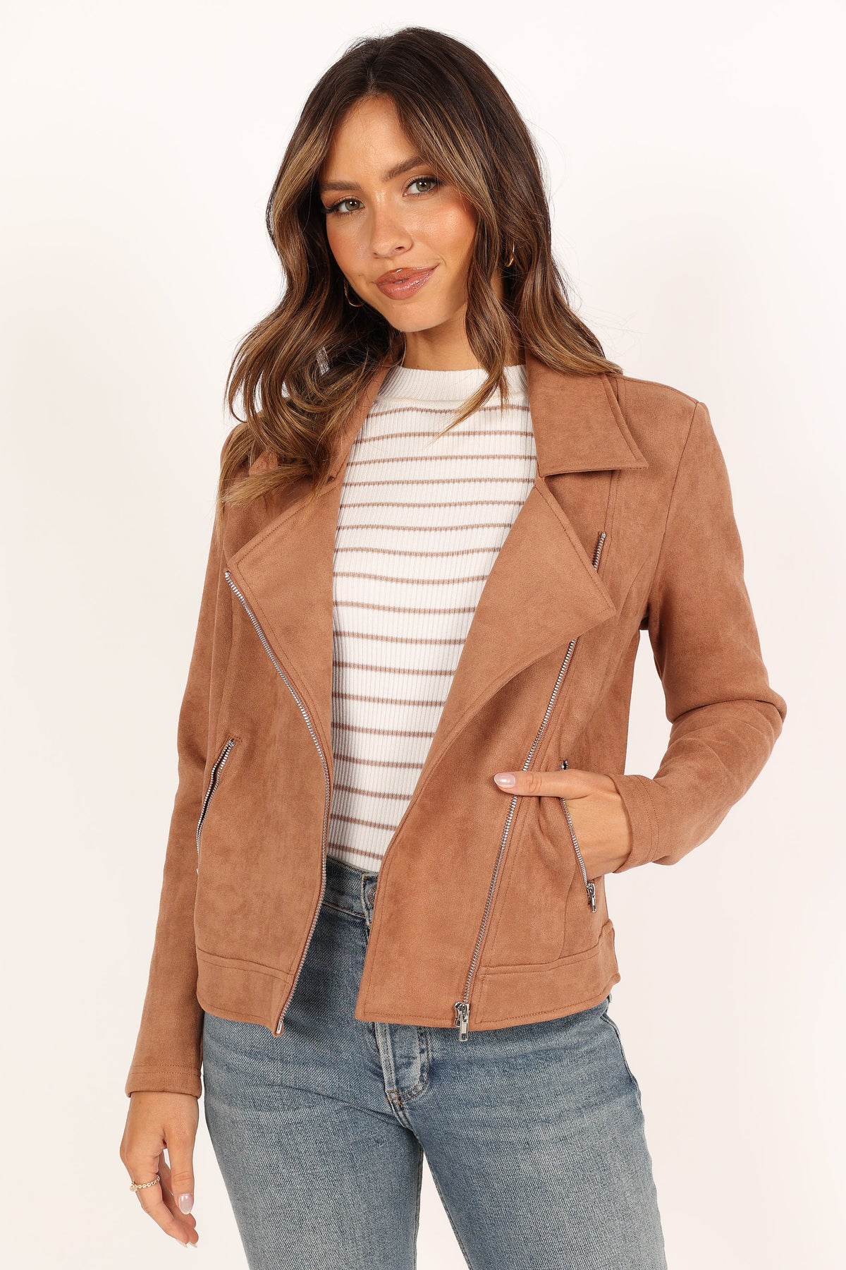 Spencer Faux Suede Moto Jacket in Tan – view 2 of 7