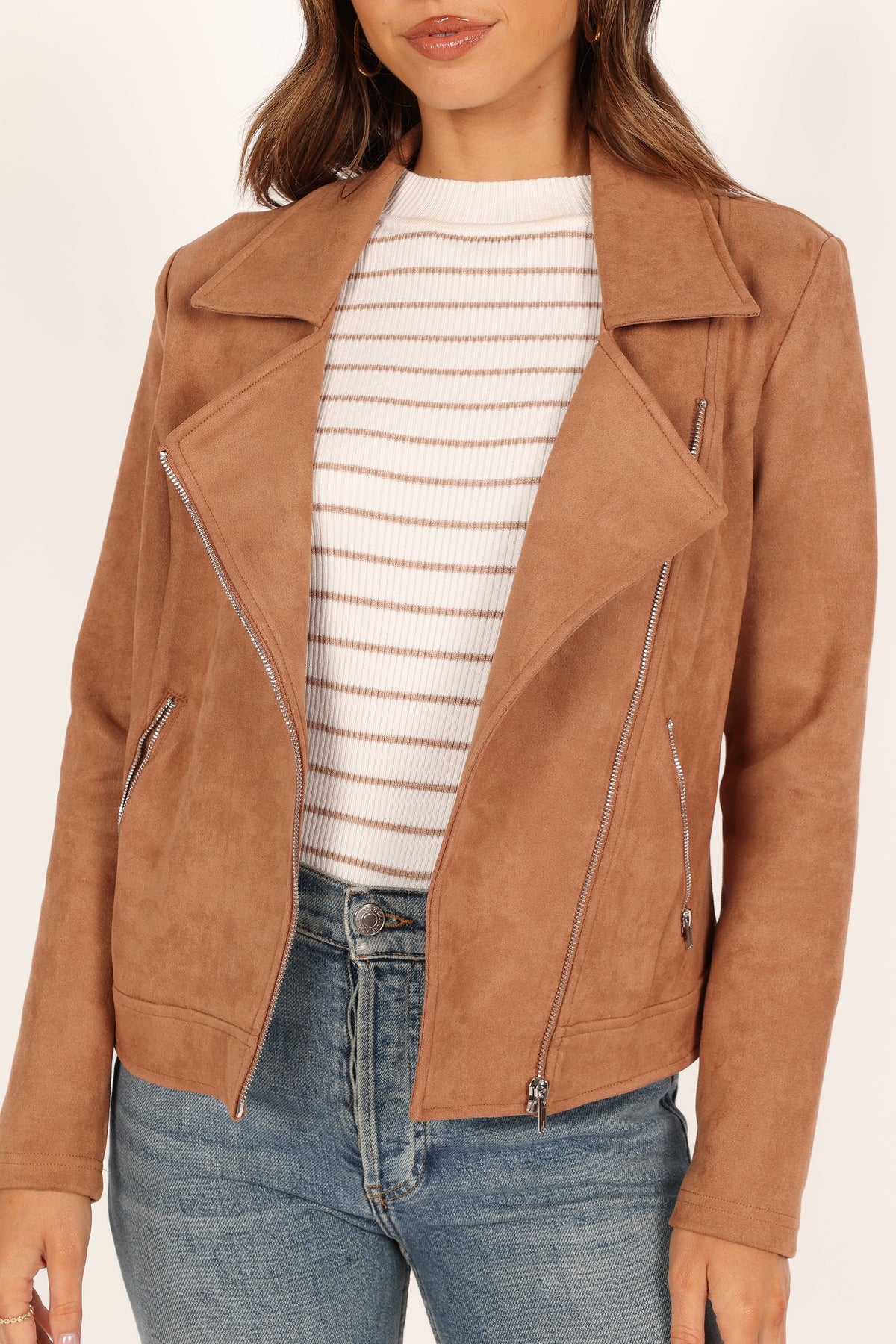 Spencer Faux Suede Moto Jacket in Tan – view 3 of 7