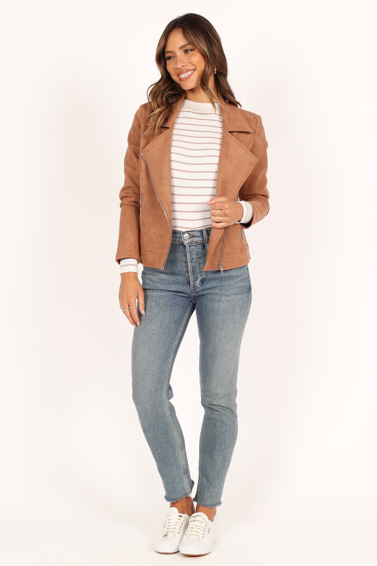 Spencer Faux Suede Moto Jacket in Tan – view 4 of 7