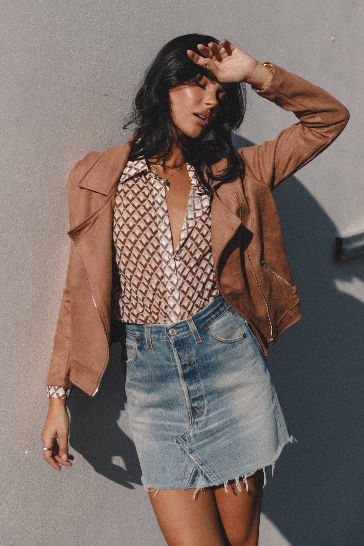 Spencer Faux Suede Moto Jacket in Tan – view 1 of 7