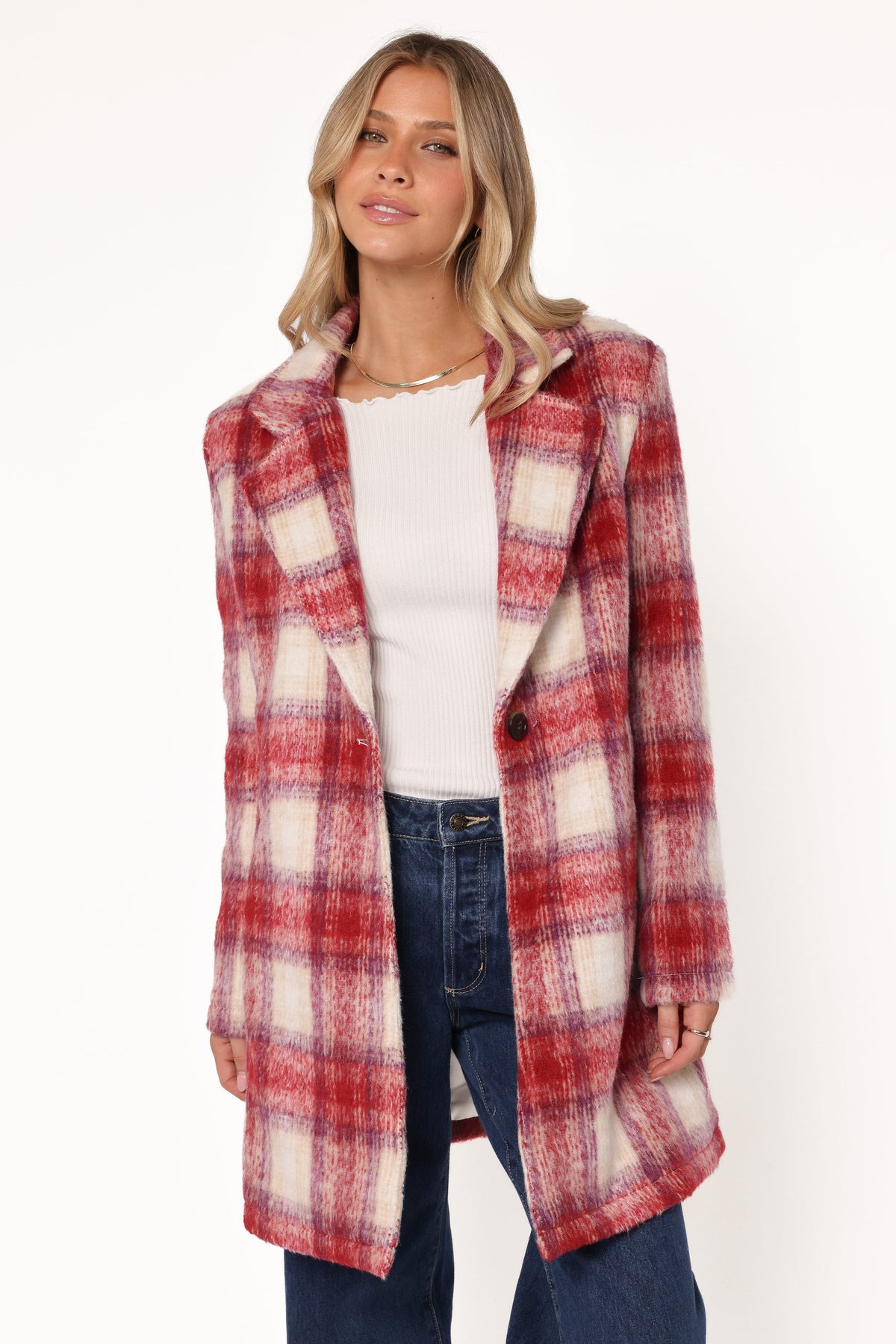 Travistine Long Plaid Coat in Pink – view 7 of 8