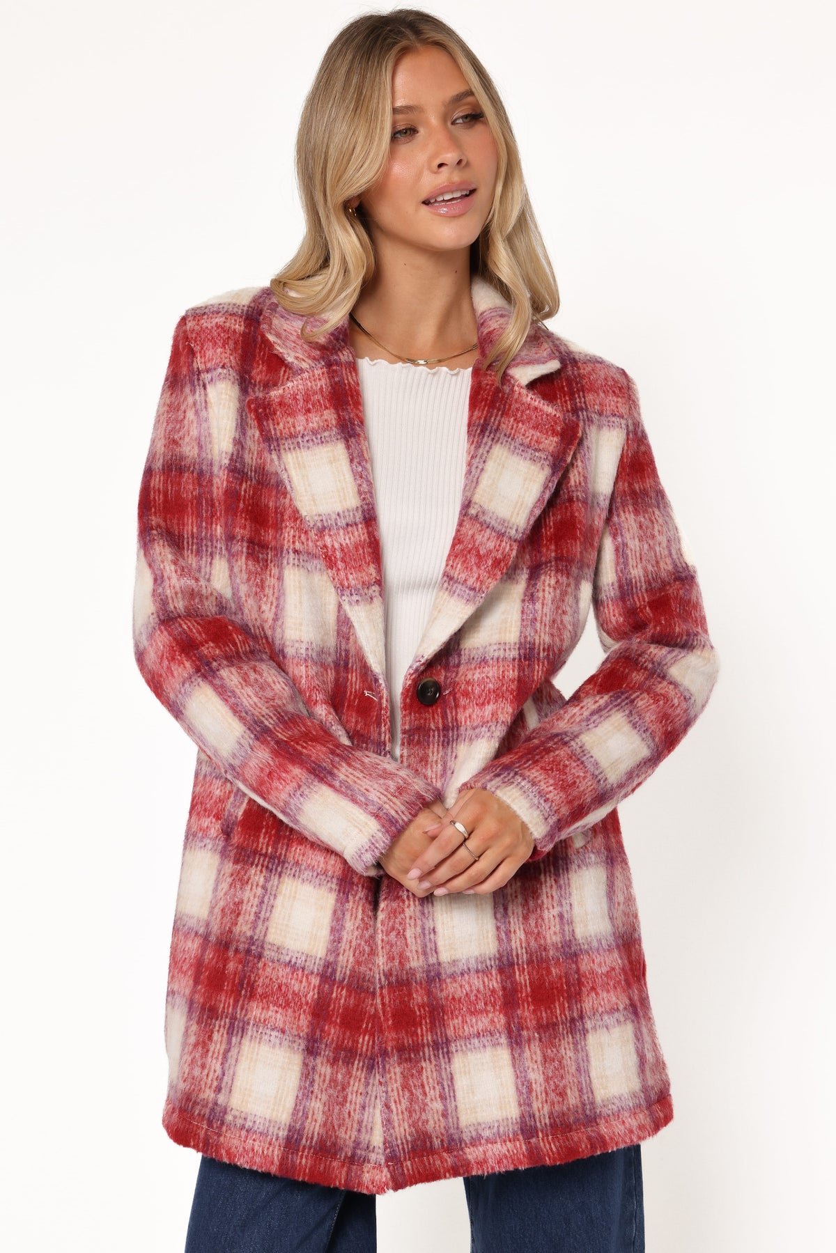 Travistine Long Plaid Coat in Pink – view 6 of 8