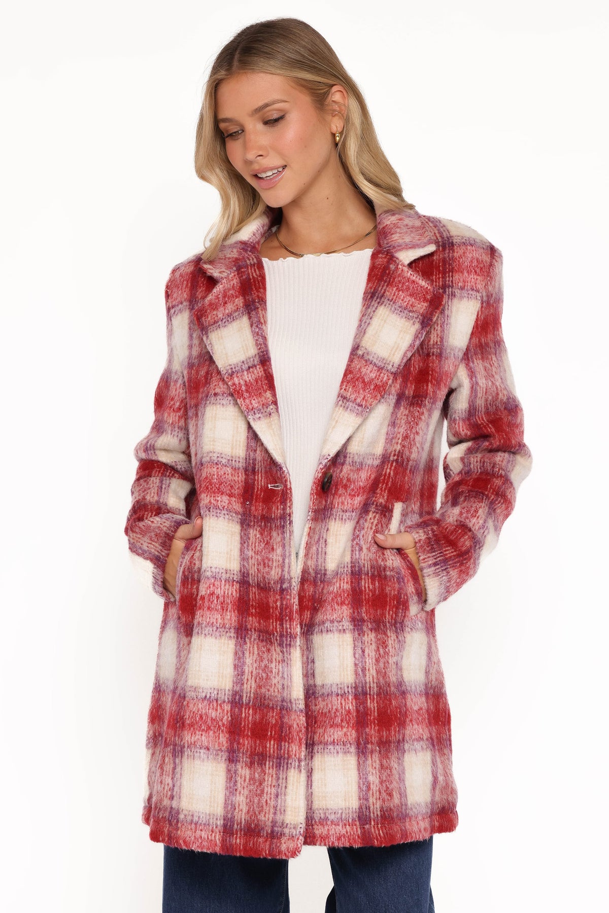 Travistine Long Plaid Coat in Pink – view 2 of 8