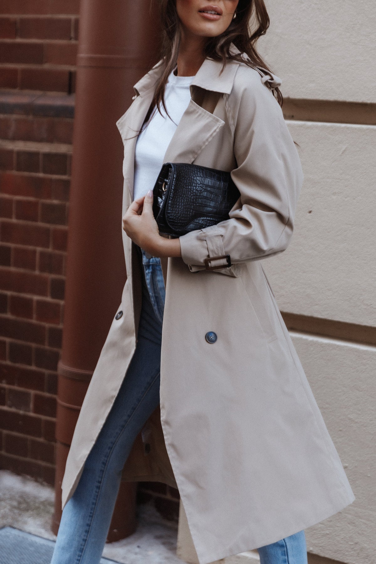 Trina Button Front Trench Coat in Beige – view 3 of 13
