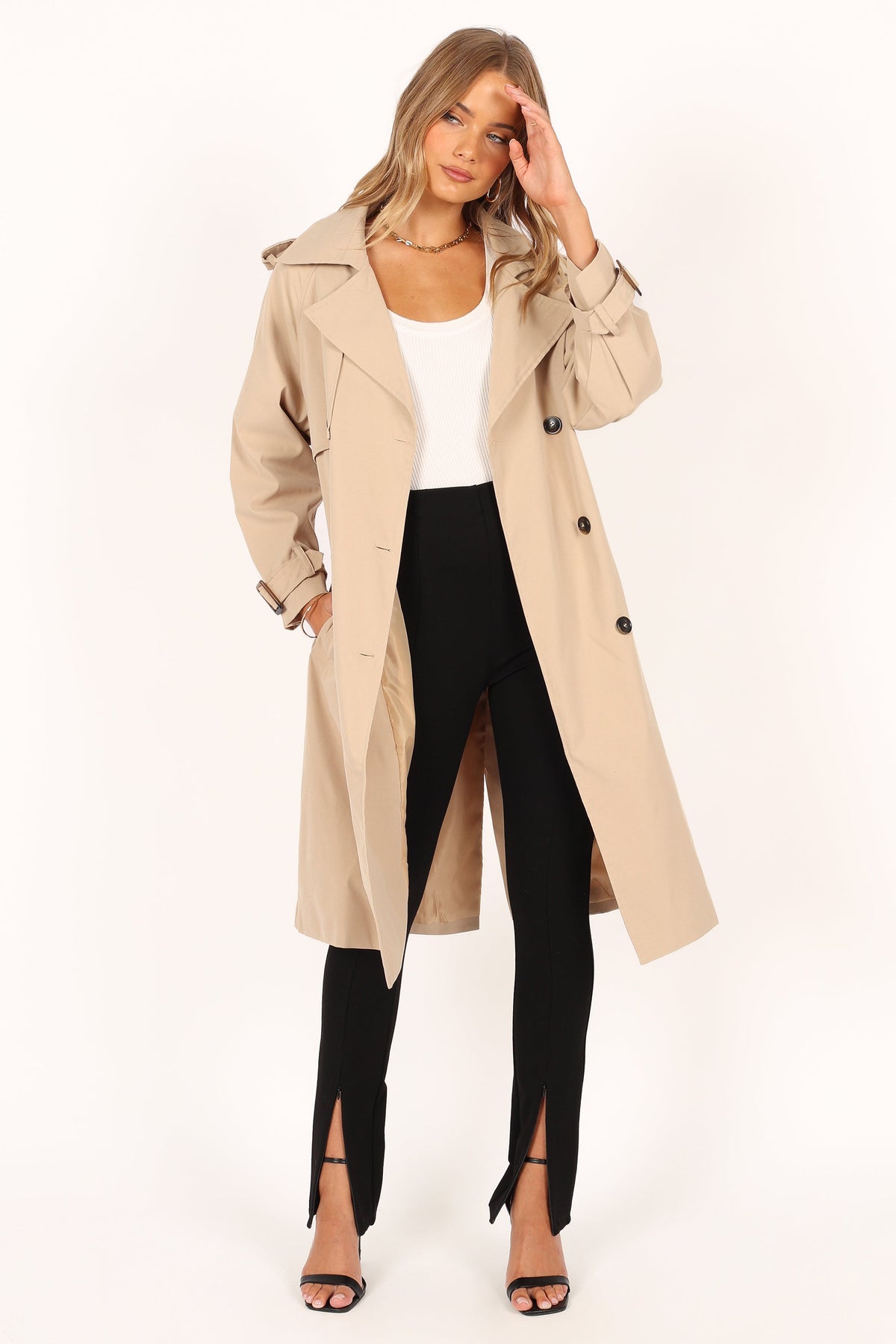 Trina Button Front Trench Coat in Beige – view 4 of 13