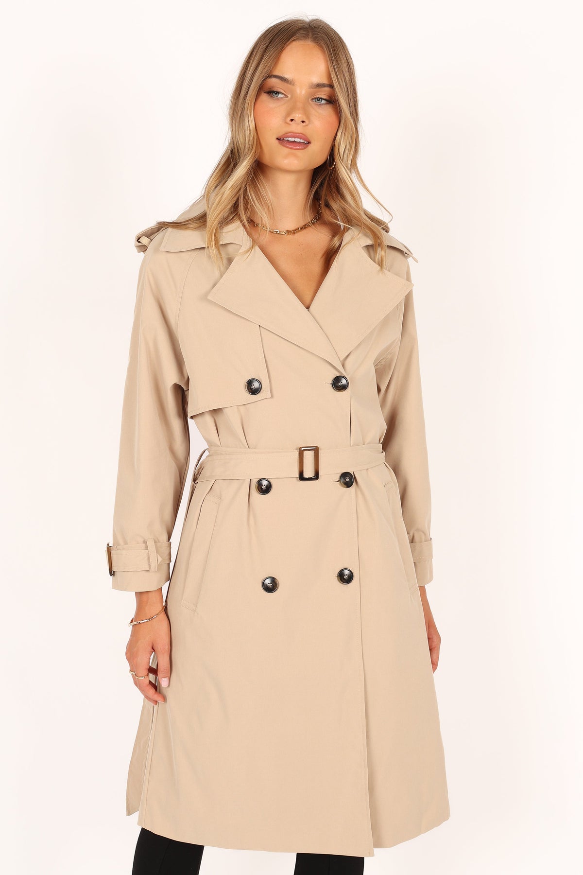 Trina Button Front Trench Coat in Beige – view 6 of 13
