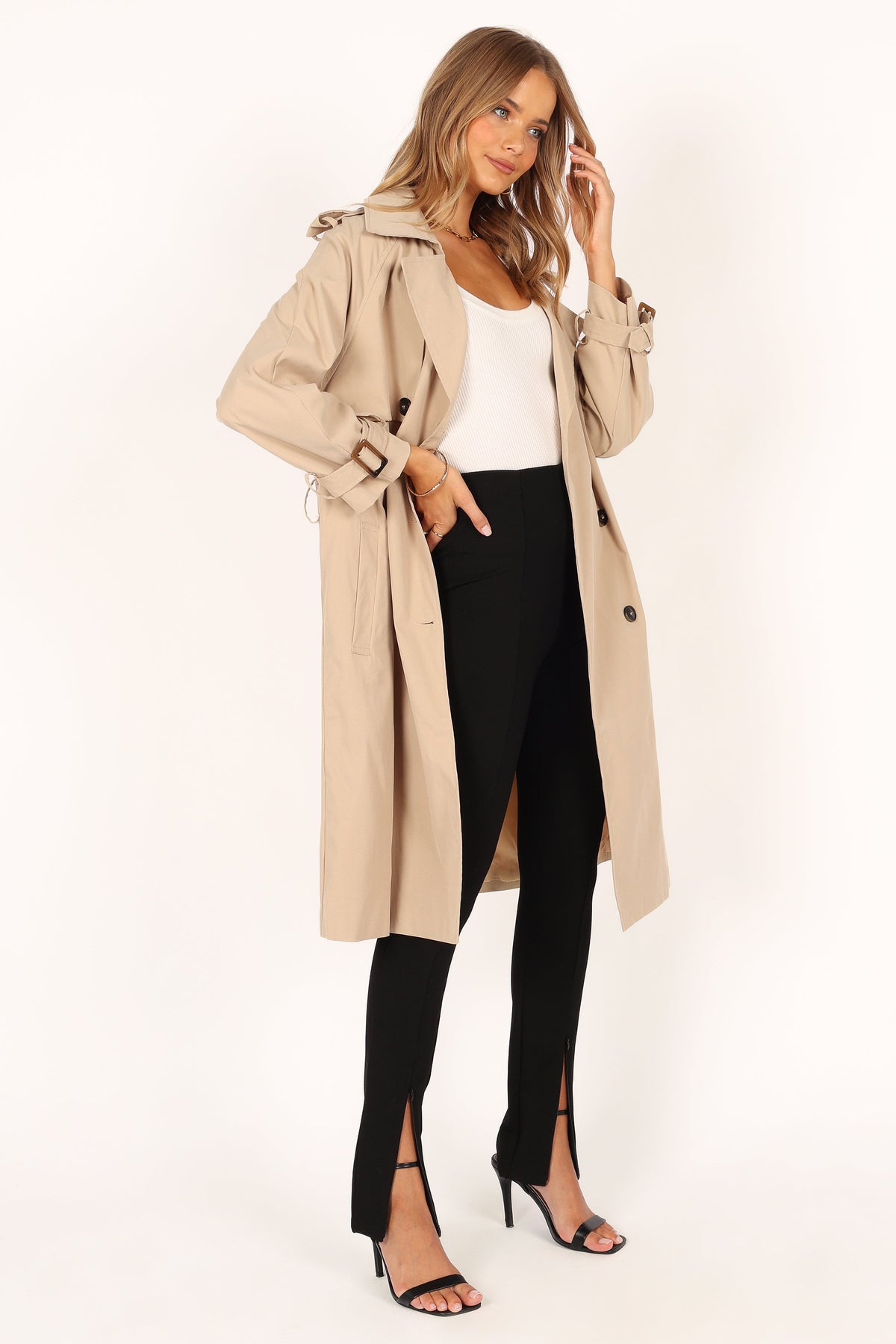 Trina Button Front Trench Coat in Beige – view 7 of 13