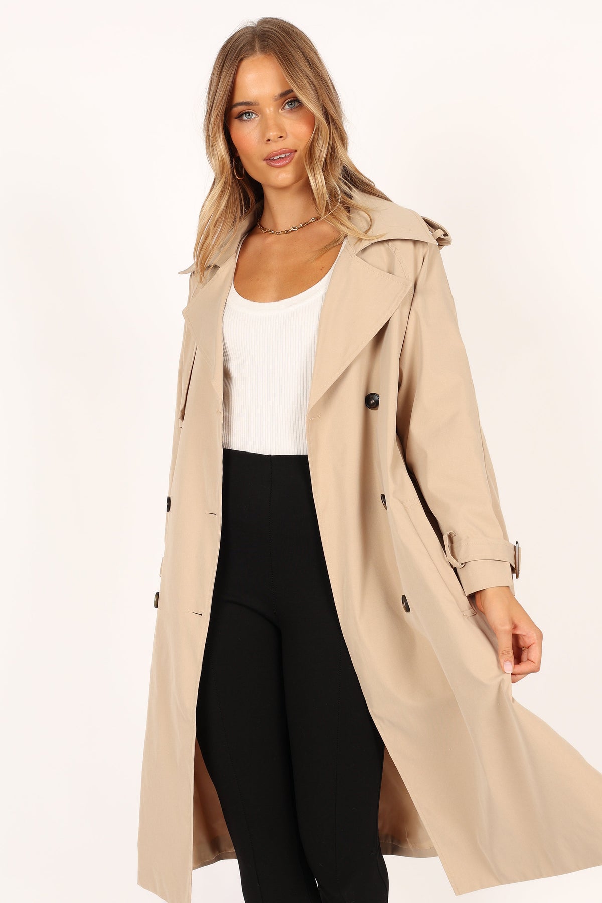 Trina Button Front Trench Coat in Beige – view 10 of 13