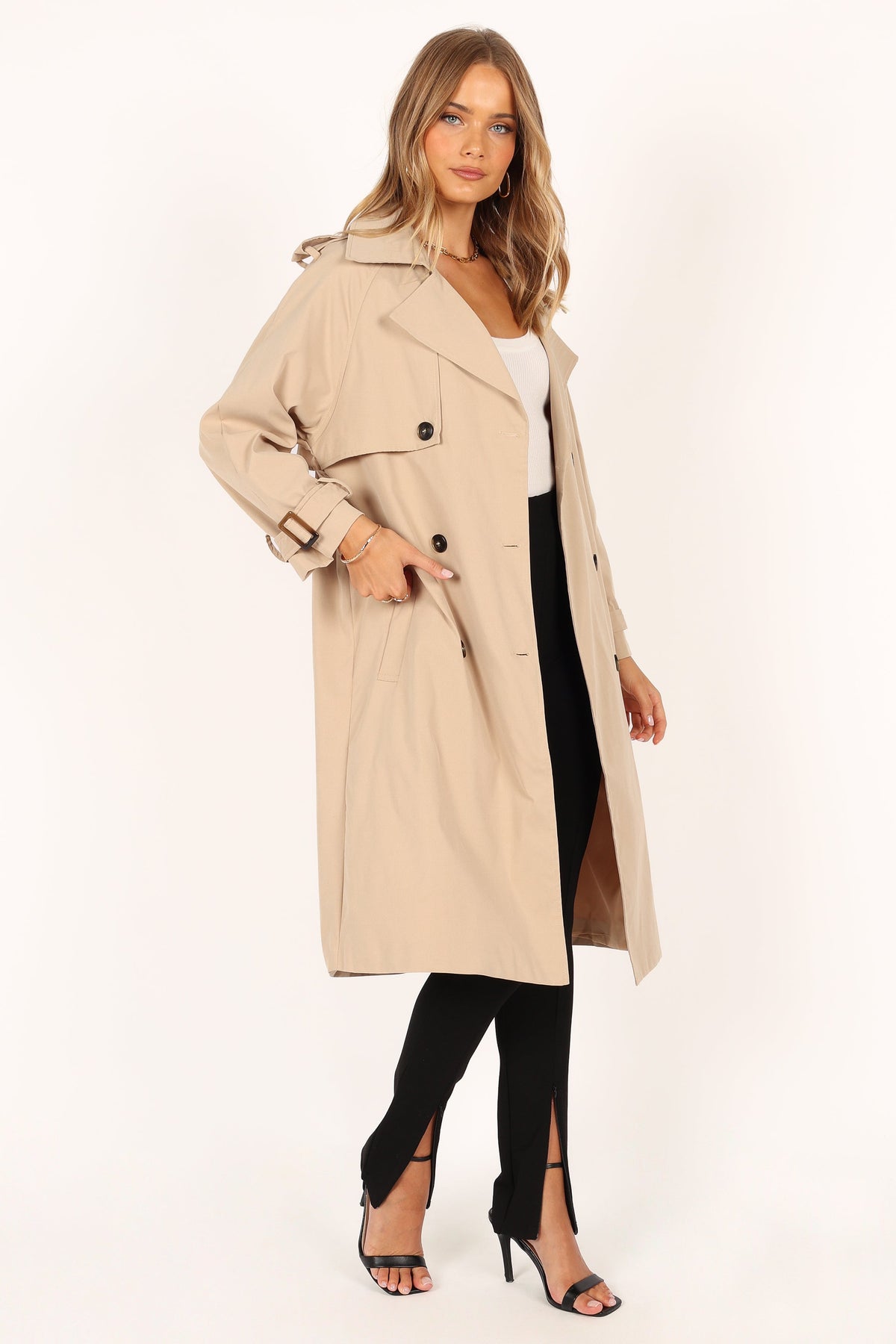 Trina Button Front Trench Coat in Beige – view 12 of 13