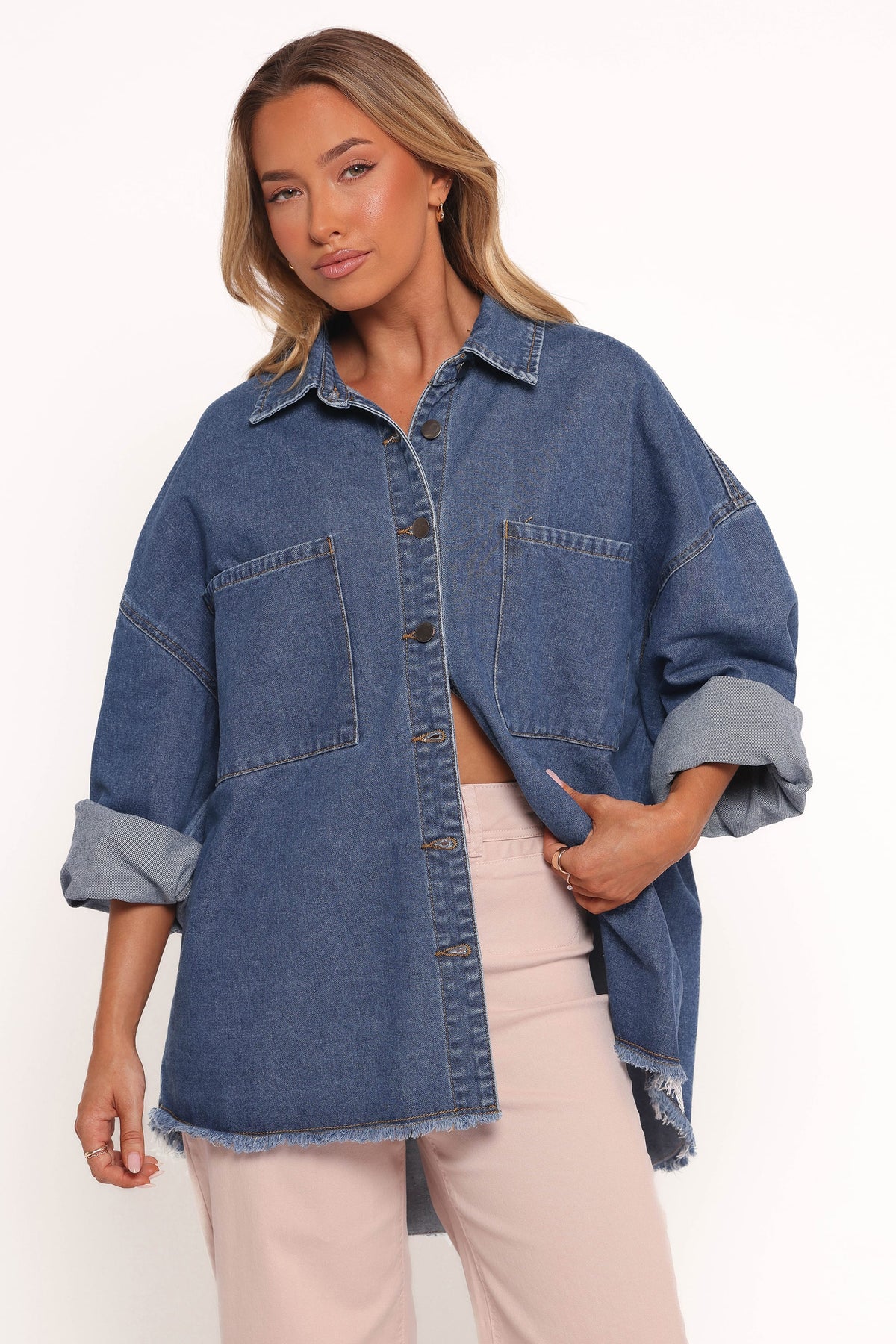 Twiggy Frayed Edge Denim Shacket in Denim – view 1 of 6