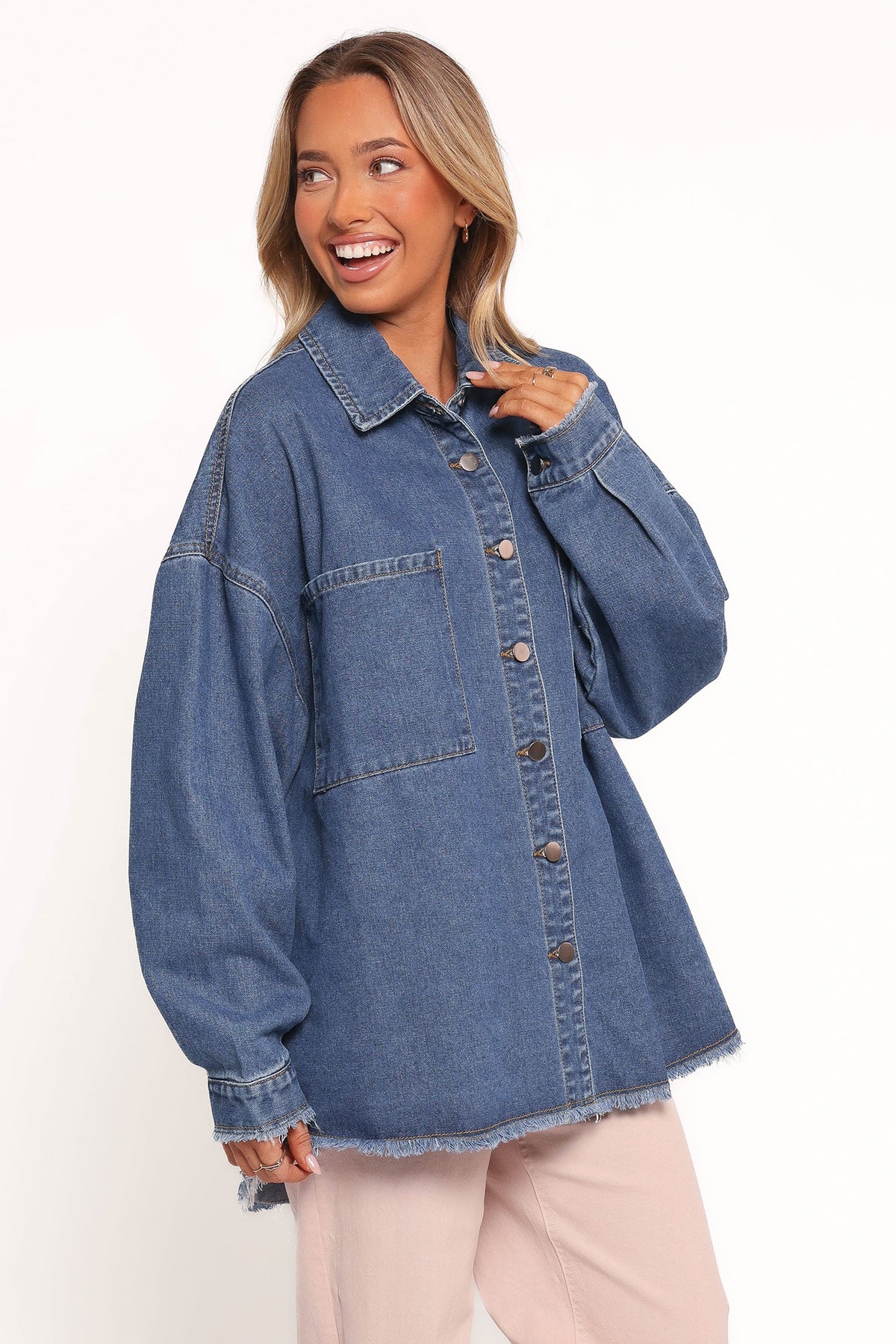 Twiggy Frayed Edge Denim Shacket in Denim – view 3 of 6