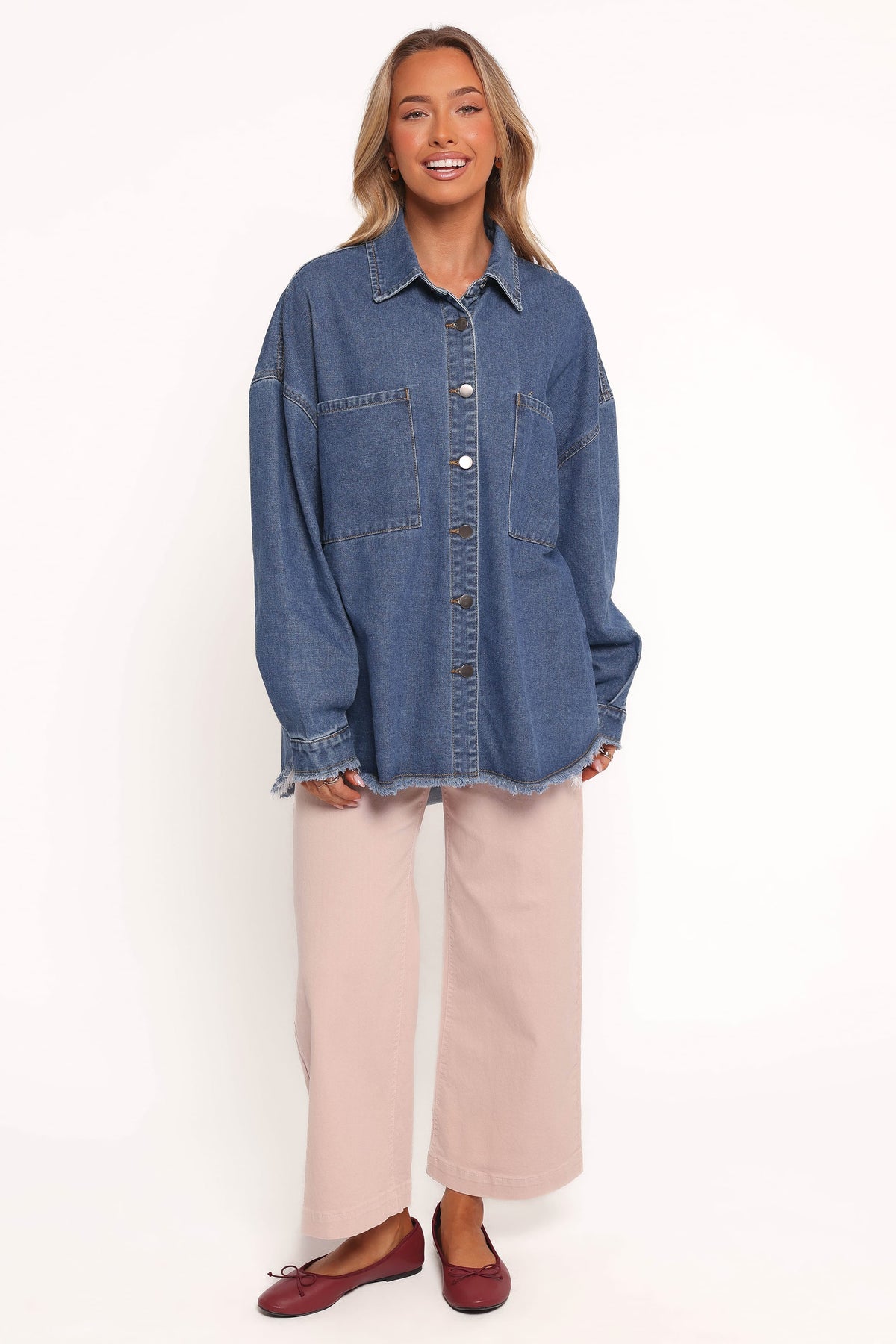 Twiggy Frayed Edge Denim Shacket in Denim – view 5 of 6