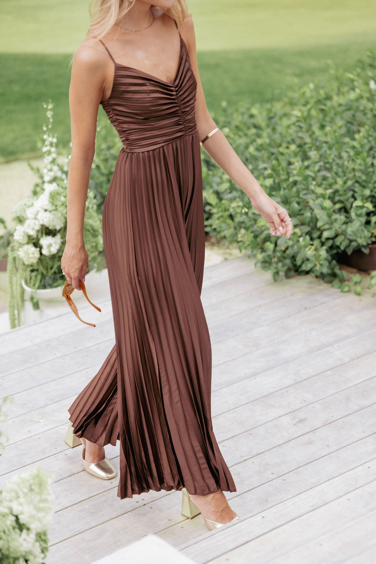 Angelique Pleated Jumpsuit in Chocolate Brown – view 1 of 7