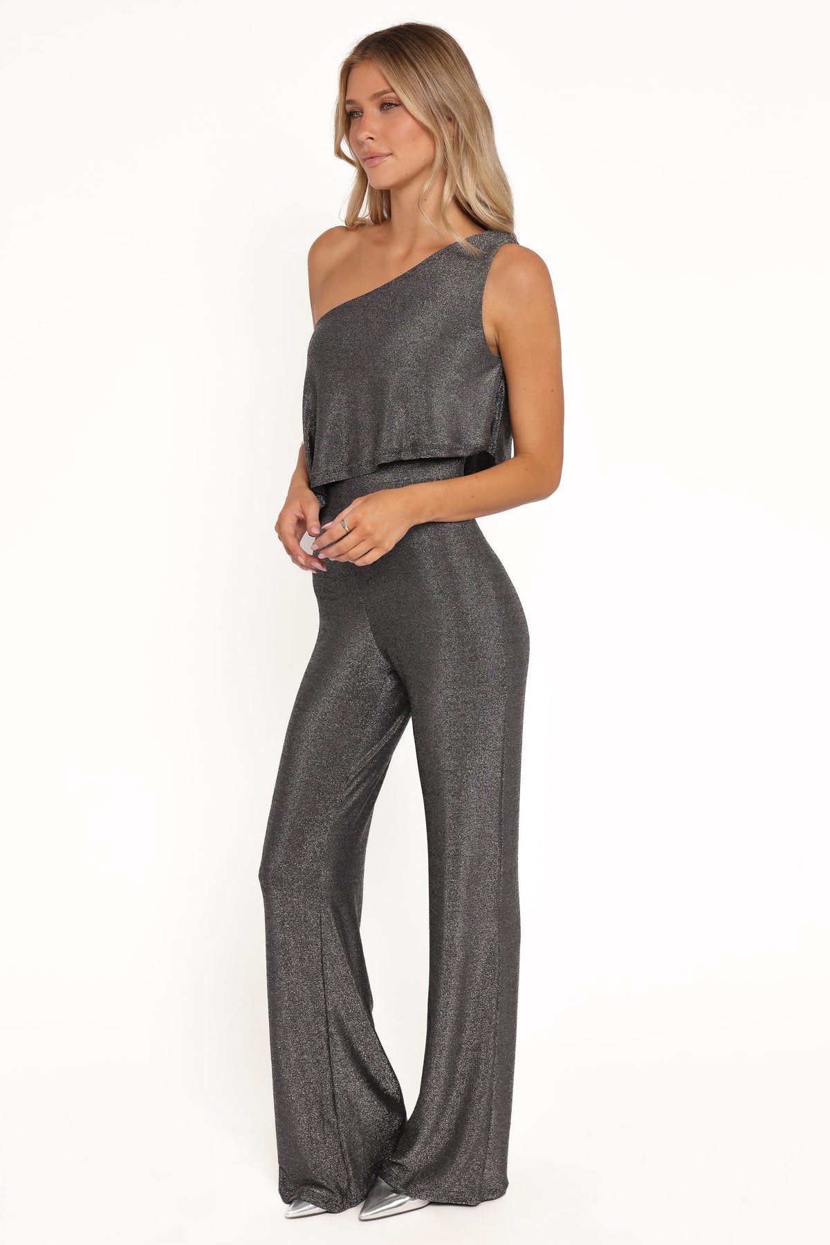 Anna One Shoulder Lurex Jumpsuit in Black Silver – view 3 of 6