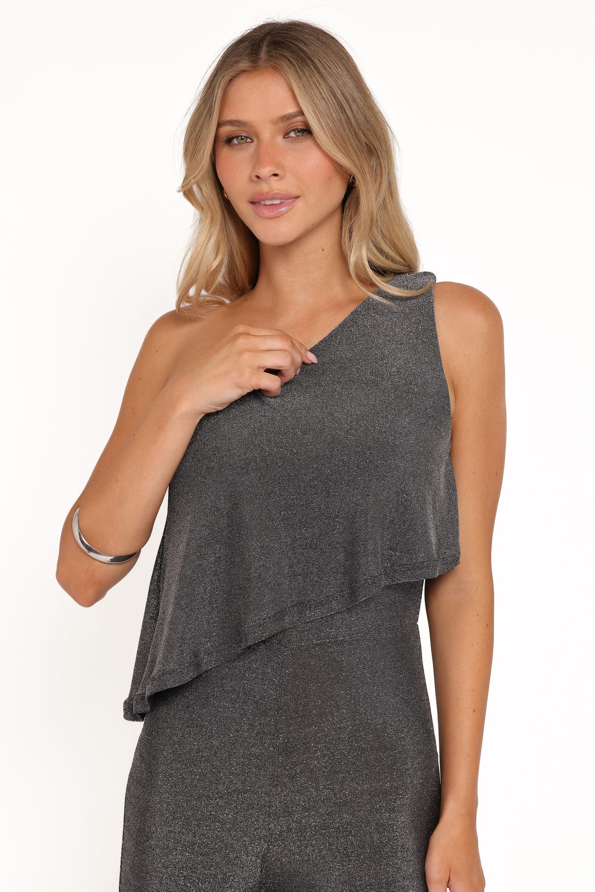 Anna One Shoulder Lurex Jumpsuit in Black Silver – view 2 of 6