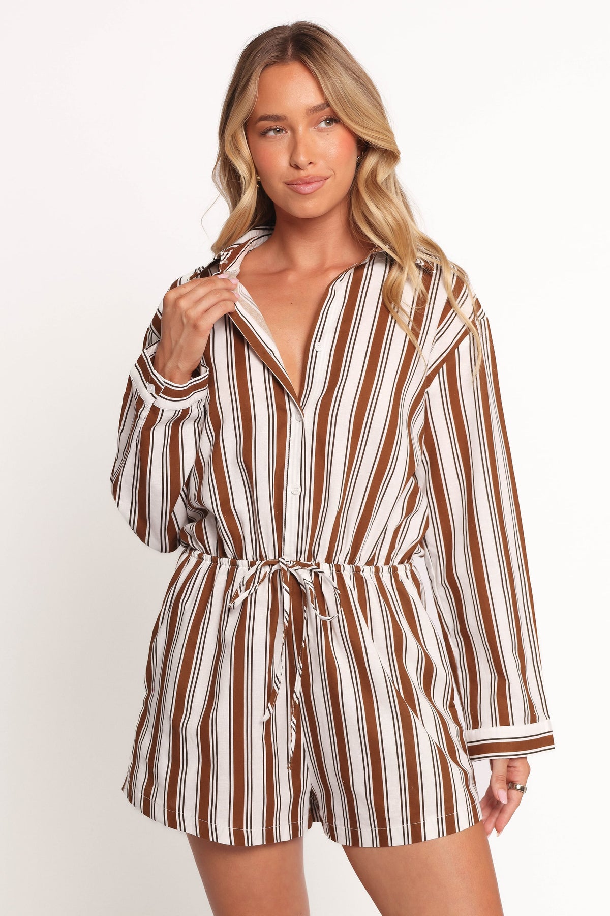 Beau Long Sleeve Romper in Chocolate Stripe – view 2 of 8