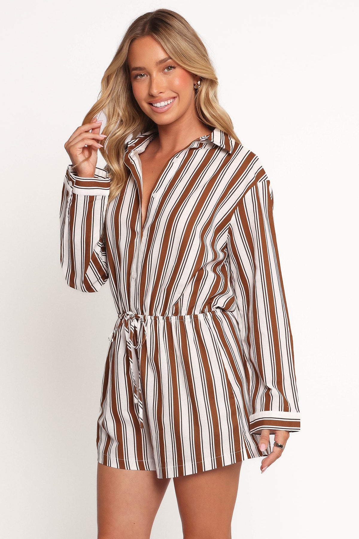 Beau Long Sleeve Romper in Chocolate Stripe – view 4 of 8