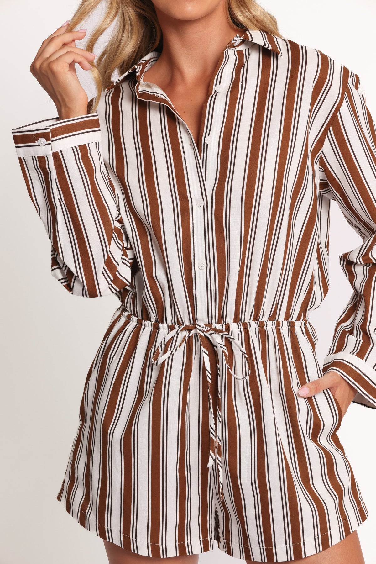 Beau Long Sleeve Romper in Chocolate Stripe – view 7 of 8