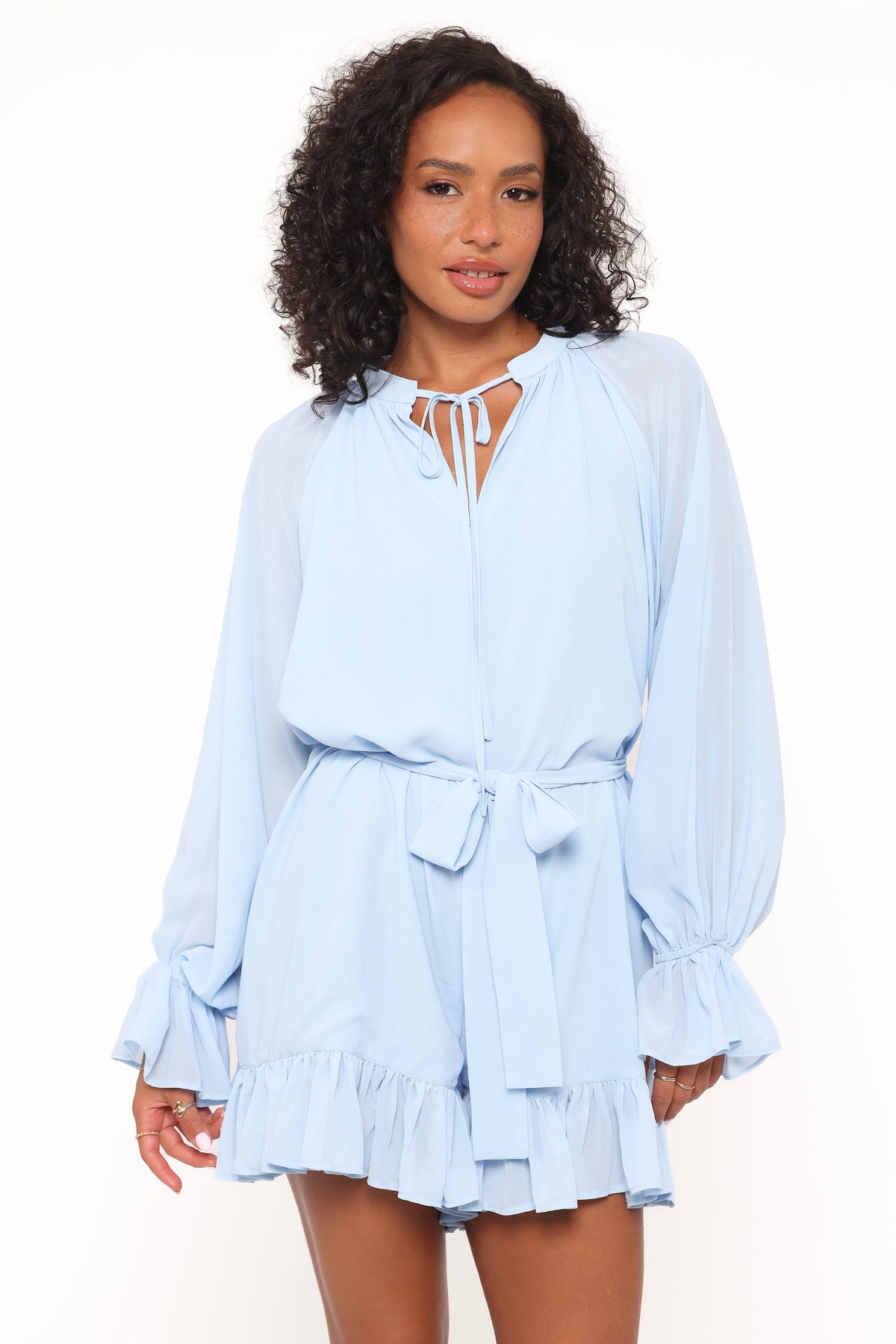Brianna Long Sleeve Romper in Blue – view 1 of 7