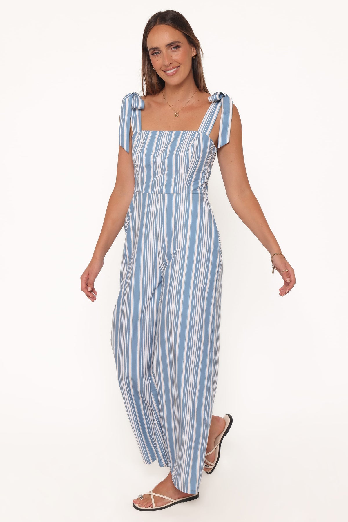 Ella Tie Shoulder Jumpsuit in Blue/White Stripe – view 3 of 6