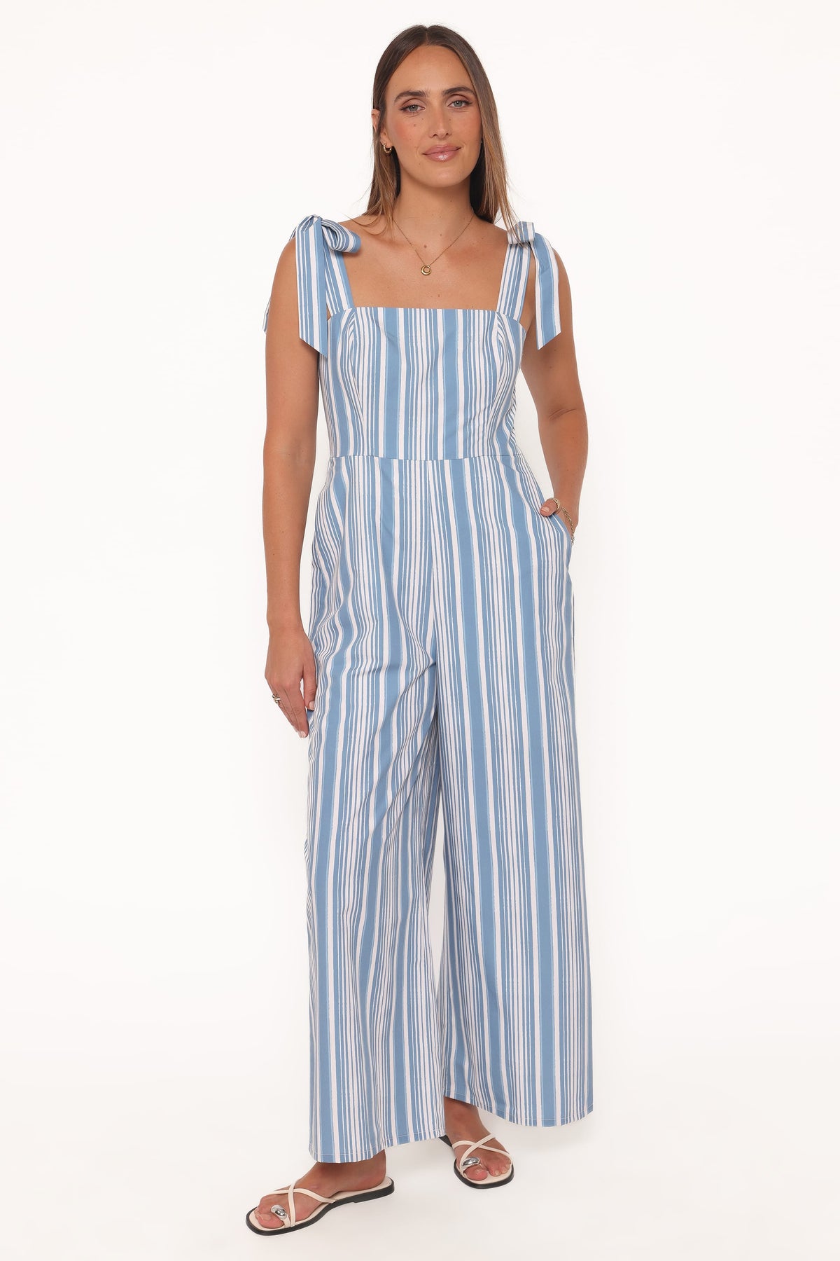 Ella Tie Shoulder Jumpsuit in Blue/White Stripe – view 1 of 6