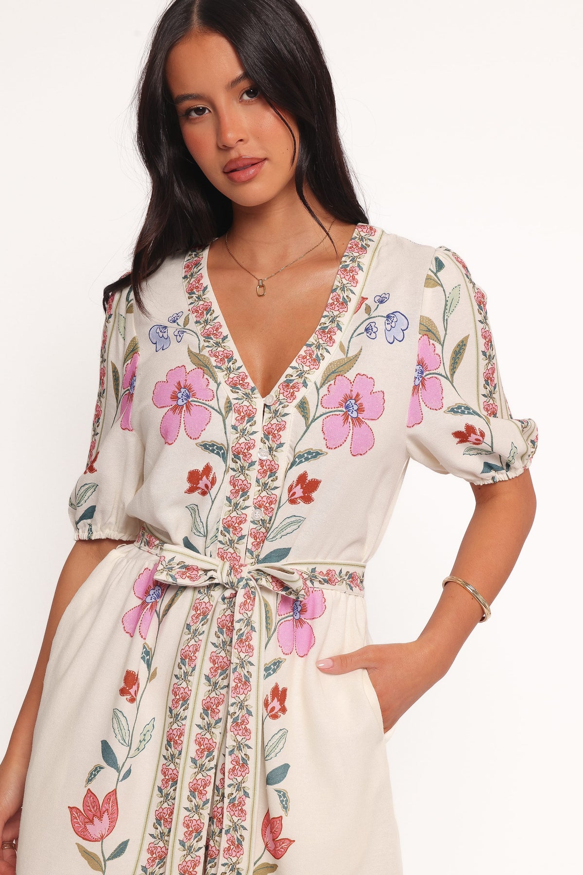 Ginger Tie Waist Romper in Pink Multi – view 2 of 6